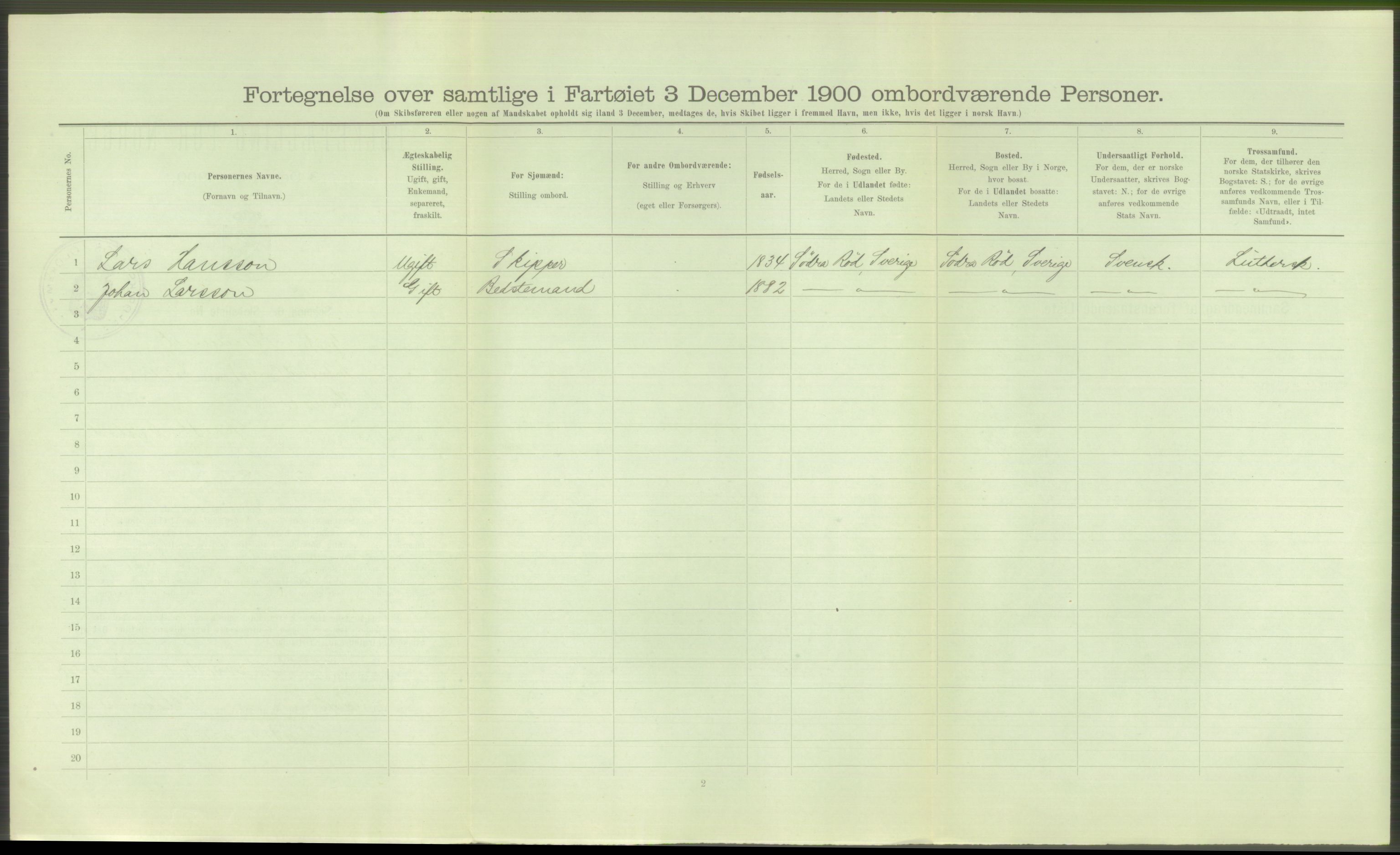 RA, Folketelling 1900 - skipslister med personlister for skip i norske havner, utenlandske havner og til havs, 1900, s. 42