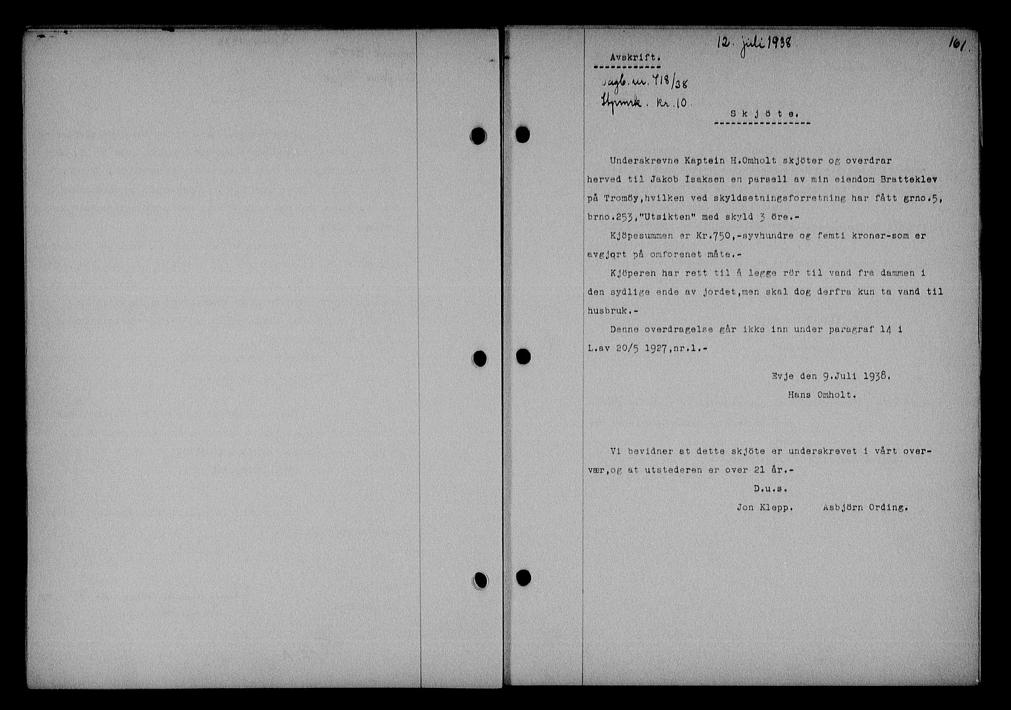 Nedenes sorenskriveri, SAK/1221-0006/G/Gb/Gba/L0045: Pantebok nr. 41, 1938-1938, Dagboknr: 718/1938