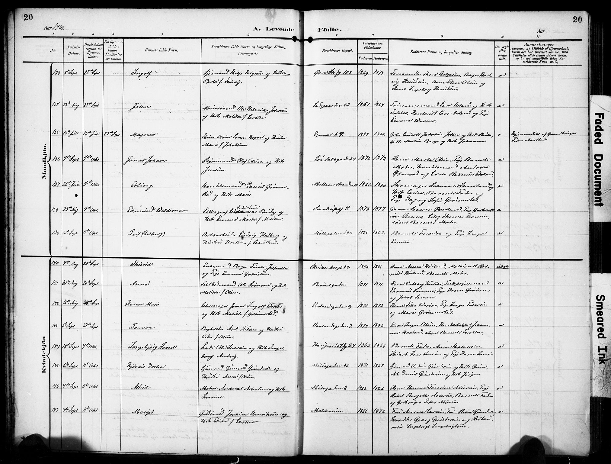 Domkirken sokneprestkontor, AV/SAST-A-101812/001/30/30BB/L0018: Klokkerbok nr. B 18, 1903-1915, s. 20