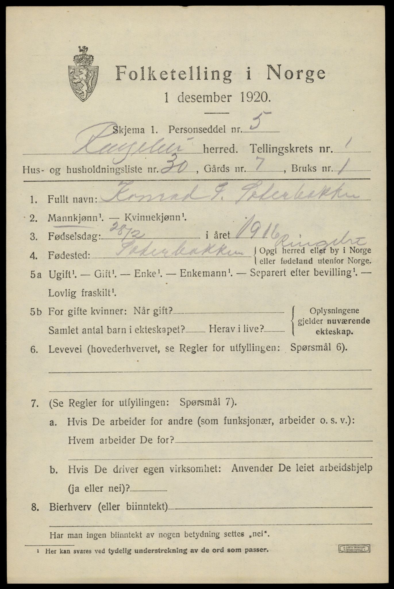 SAH, Folketelling 1920 for 0520 Ringebu herred, 1920, s. 1911