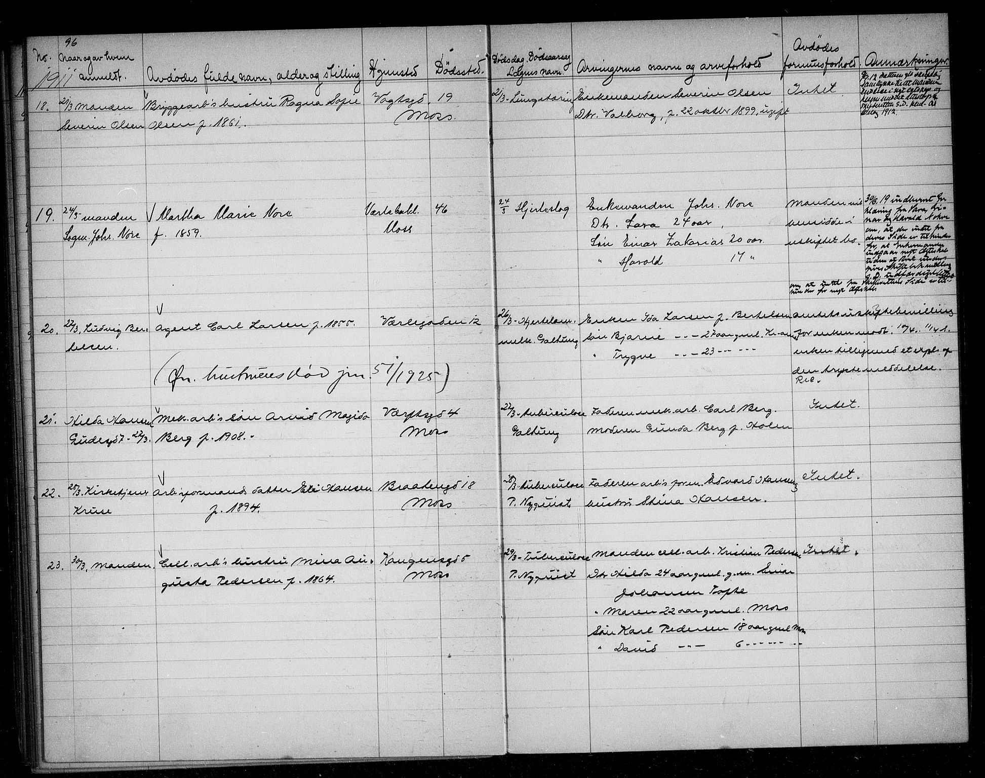 Moss byfogd, AV/SAO-A-10863/H/Ha/Hab/L0004: Dødsanmeldelsesprotokoll, 1906-1914, s. 96