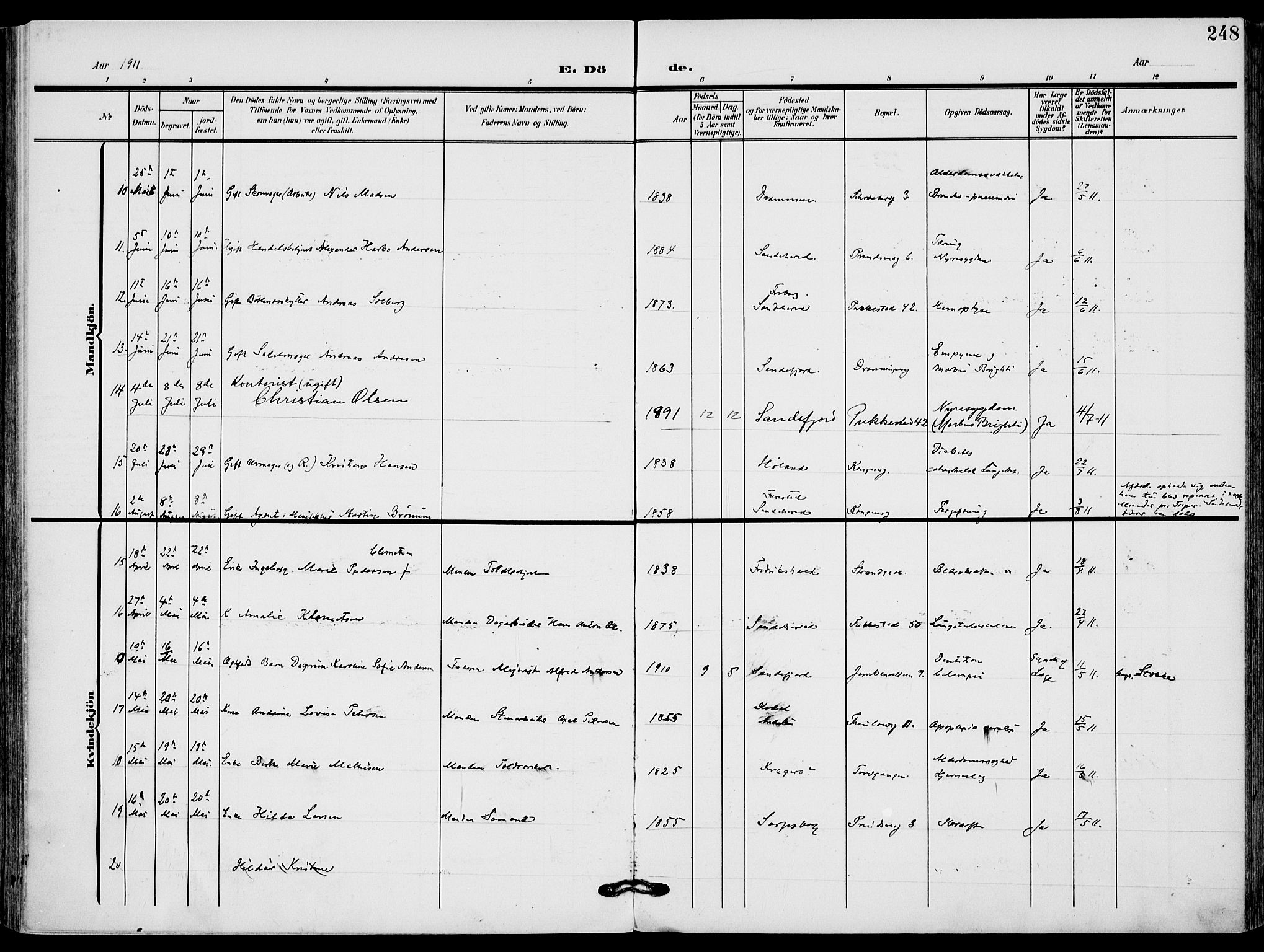 Sandefjord kirkebøker, AV/SAKO-A-315/F/Fa/L0005: Ministerialbok nr. 5, 1906-1915, s. 248