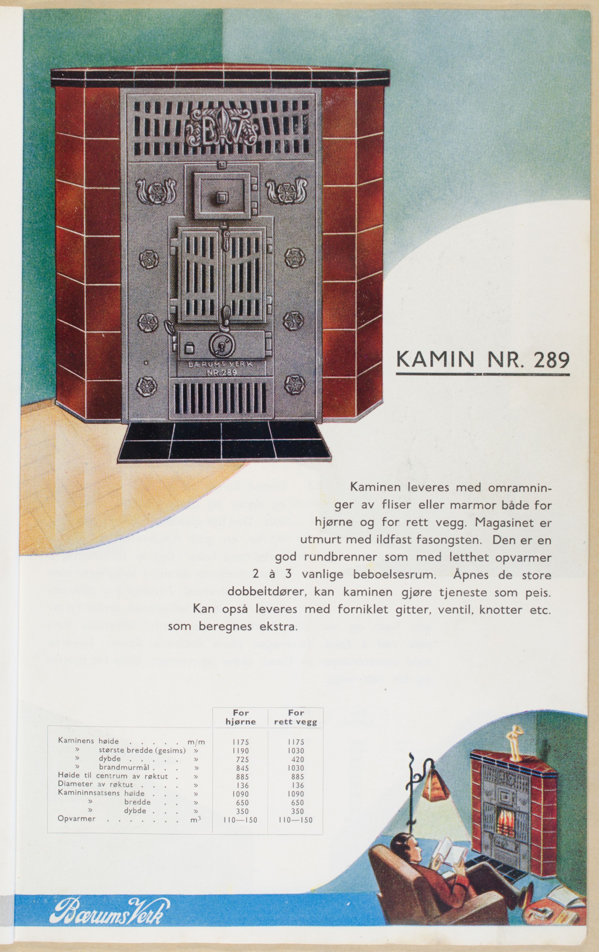 Næs Jernverksmuseets samling av historiske ovnskataloger, NESJ/NJM-006/01/L0001: Bærums Verk Kaminkatalog, 1938-1950