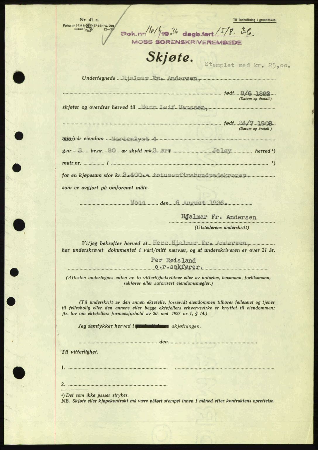 Moss sorenskriveri, SAO/A-10168: Pantebok nr. A1, 1936-1936, Dagboknr: 1616/1936