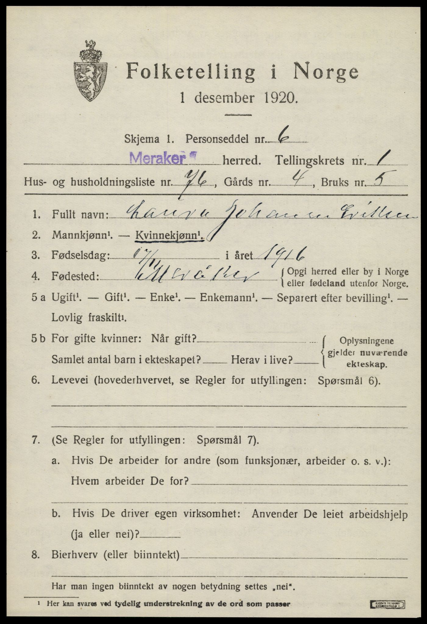 SAT, Folketelling 1920 for 1711 Meråker herred, 1920, s. 1728