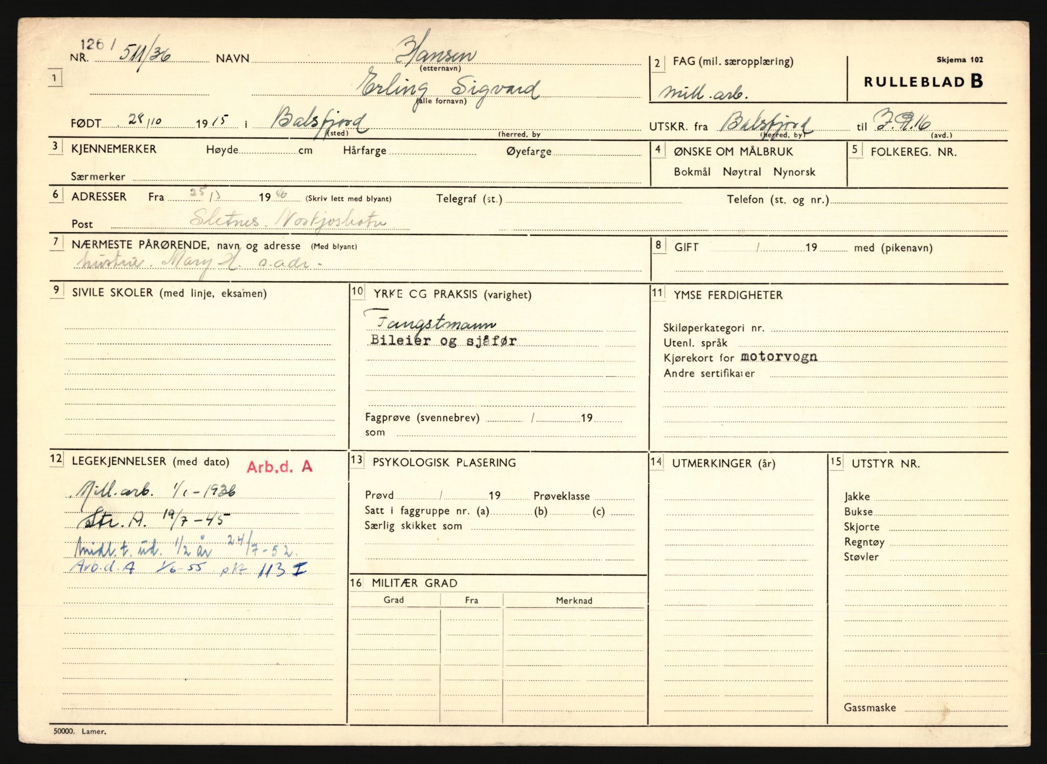 Forsvaret, Troms infanteriregiment nr. 16, AV/RA-RAFA-3146/P/Pa/L0020: Rulleblad for regimentets menige mannskaper, årsklasse 1936, 1936, s. 315