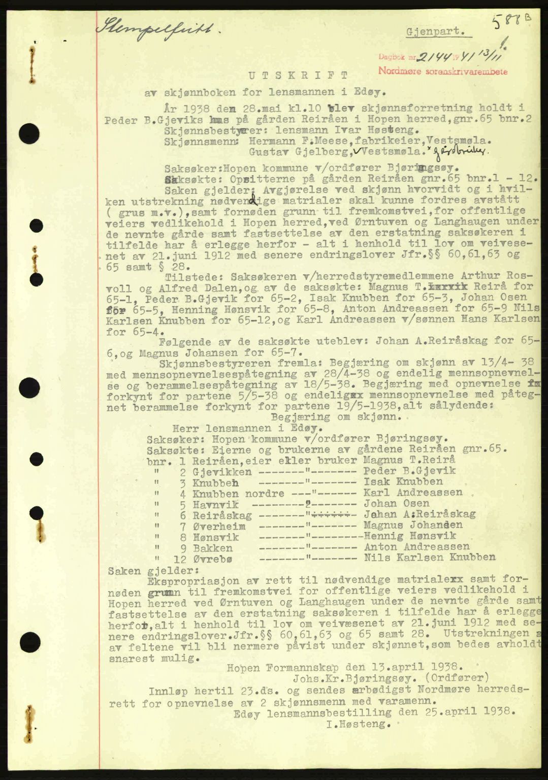 Nordmøre sorenskriveri, SAT/A-4132/1/2/2Ca: Pantebok nr. B88, 1941-1942, Dagboknr: 2144/1941