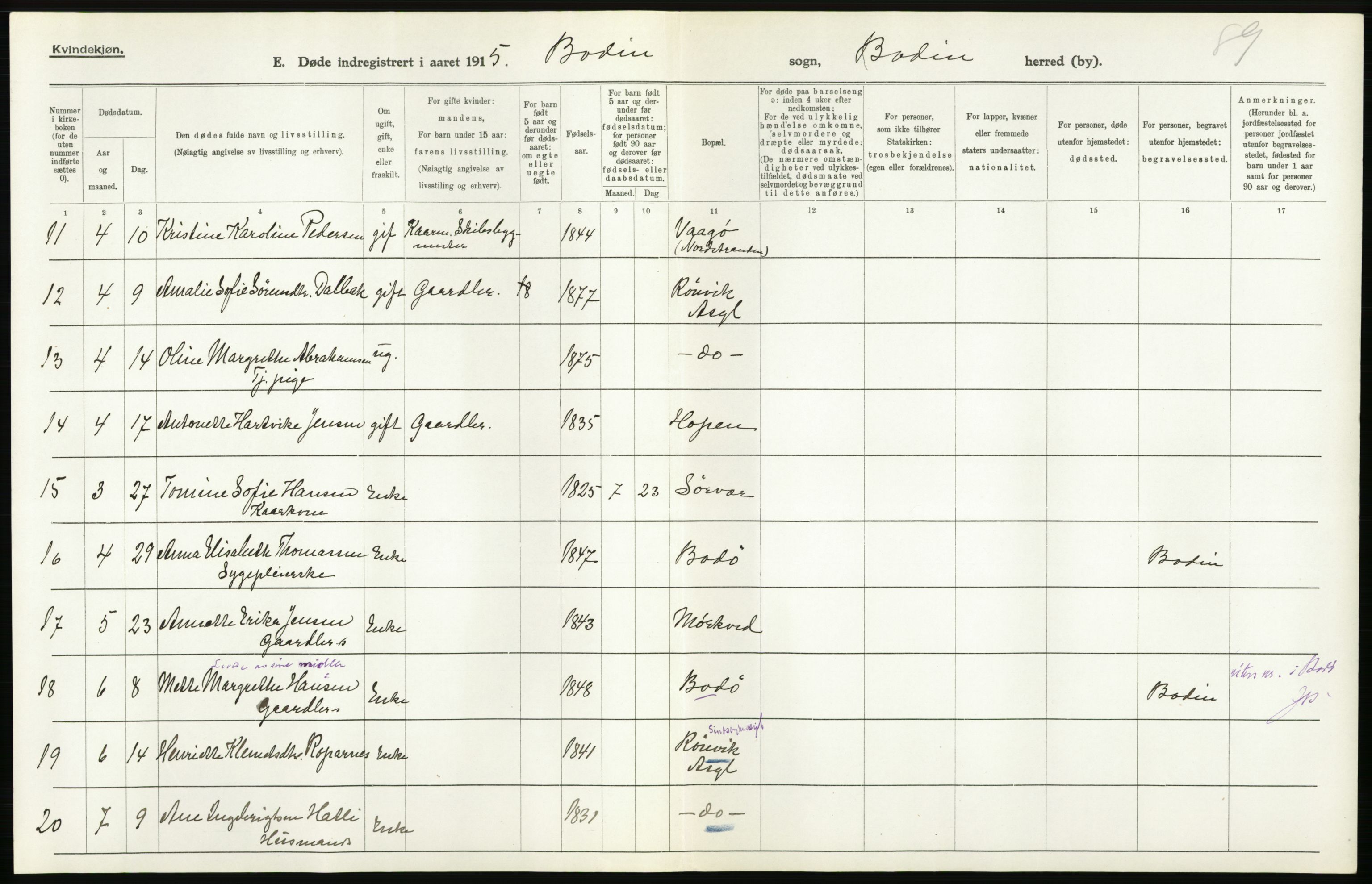 Statistisk sentralbyrå, Sosiodemografiske emner, Befolkning, AV/RA-S-2228/D/Df/Dfb/Dfbe/L0049: Nordlands amt: Døde. Bygder., 1915, s. 18