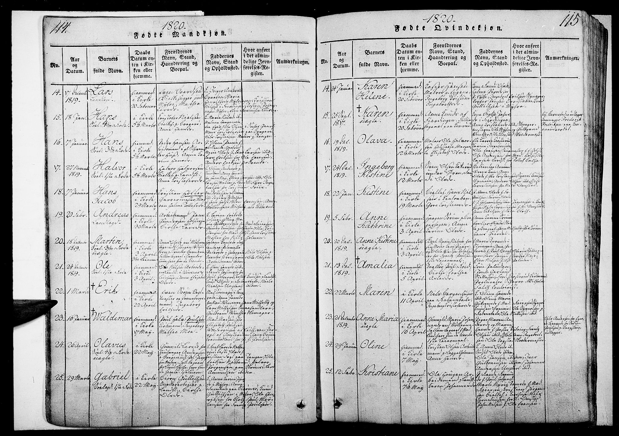 Bragernes kirkebøker, AV/SAKO-A-6/G/Ga/L0001: Klokkerbok nr. 1, 1815-1829, s. 114-115