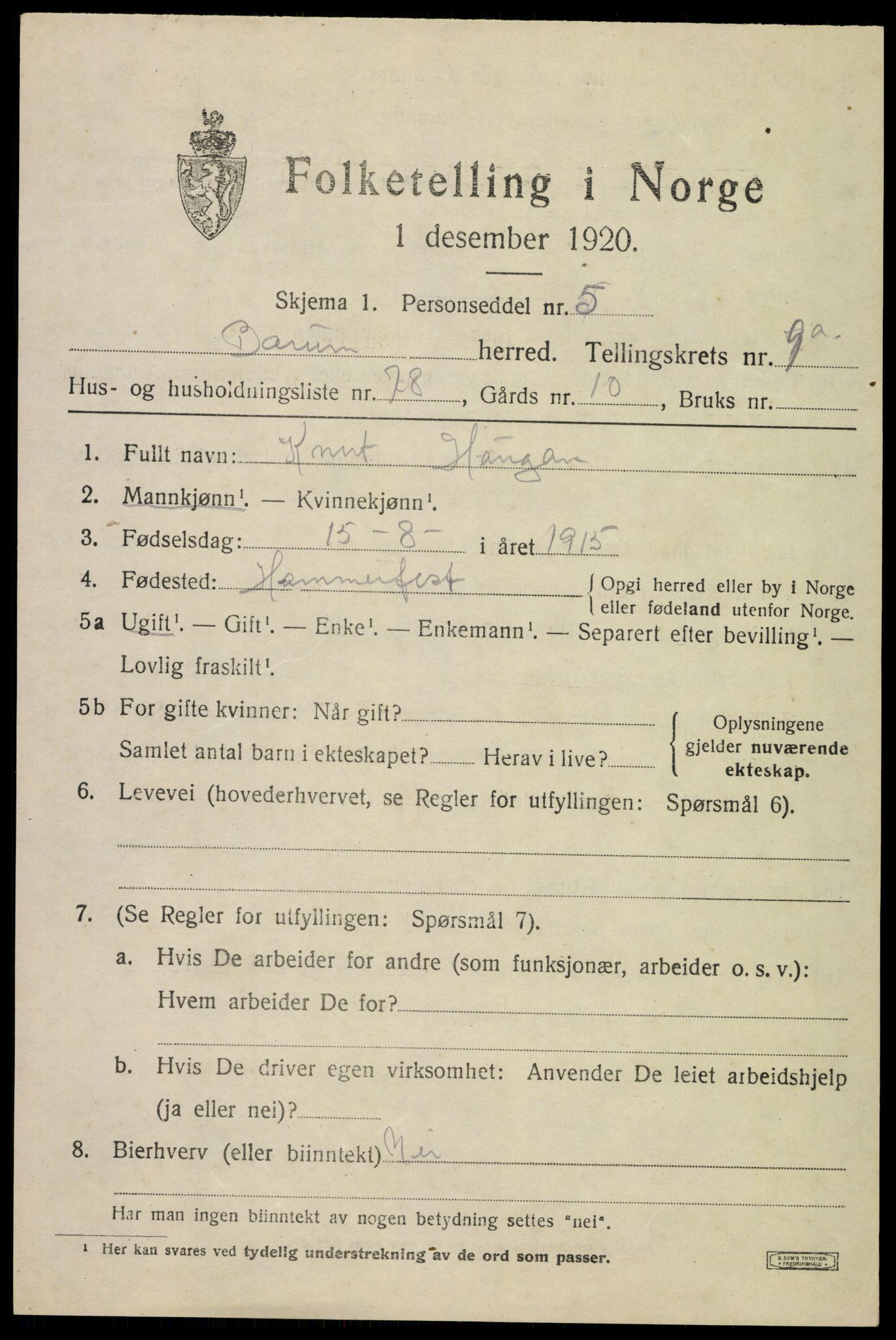 SAO, Folketelling 1920 for 0219 Bærum herred, 1920, s. 20016