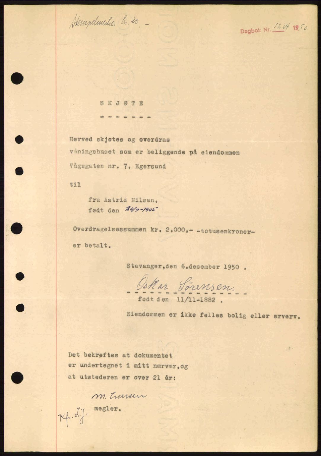Dalane sorenskriveri, SAST/A-100309/02/G/Gb/L0055: Pantebok nr. A15, 1950-1950, Dagboknr: 1224/1950