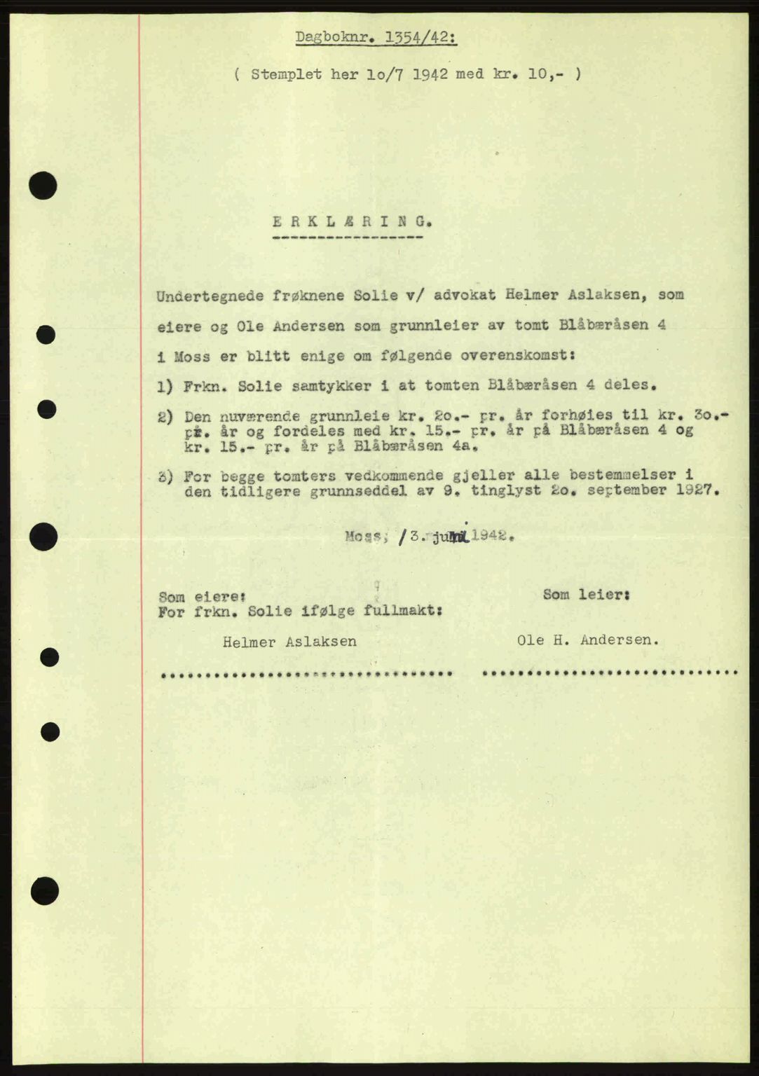 Moss sorenskriveri, SAO/A-10168: Pantebok nr. A10, 1942-1943, Dagboknr: 1354/1942