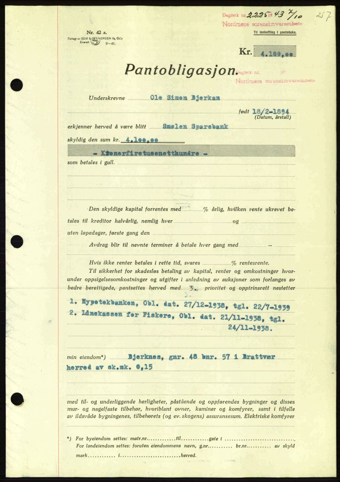 Nordmøre sorenskriveri, AV/SAT-A-4132/1/2/2Ca: Pantebok nr. B91, 1943-1944, Dagboknr: 2225/1943