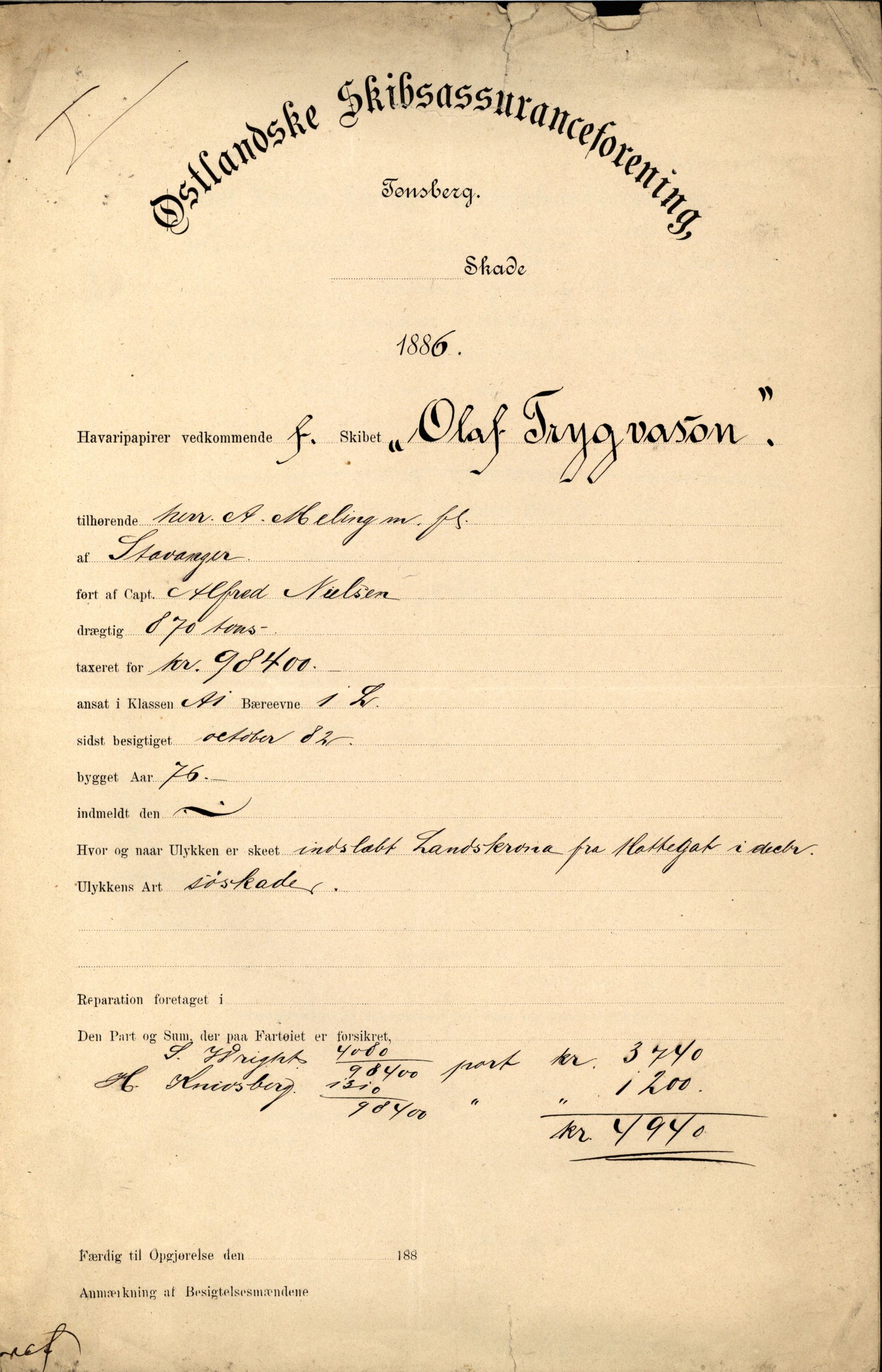 Pa 63 - Østlandske skibsassuranceforening, VEMU/A-1079/G/Ga/L0019/0006: Havaridokumenter / Sømand, Olaf Trygvason, Norden, Præsident, Protector, 1886, s. 4