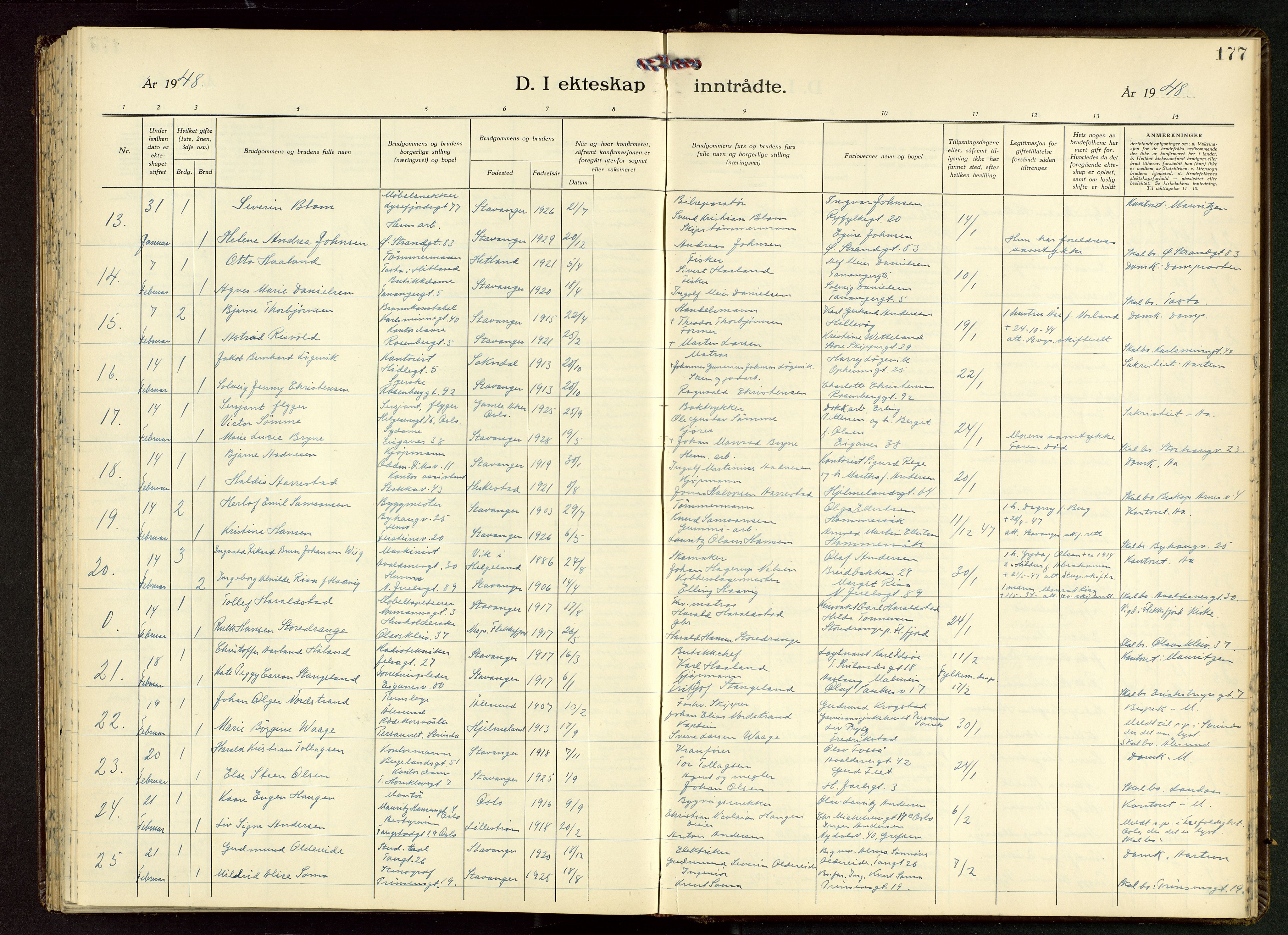 Domkirken sokneprestkontor, AV/SAST-A-101812/001/30/30BB/L0022: Klokkerbok nr. B 22, 1937-1949, s. 177