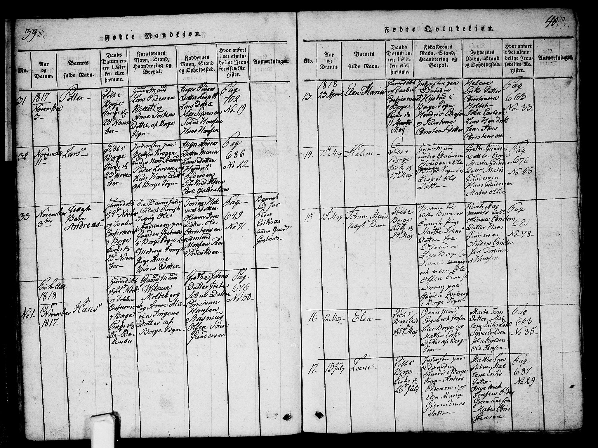 Borge prestekontor Kirkebøker, AV/SAO-A-10903/G/Ga/L0001: Klokkerbok nr.  I 1, 1815-1835, s. 39-40