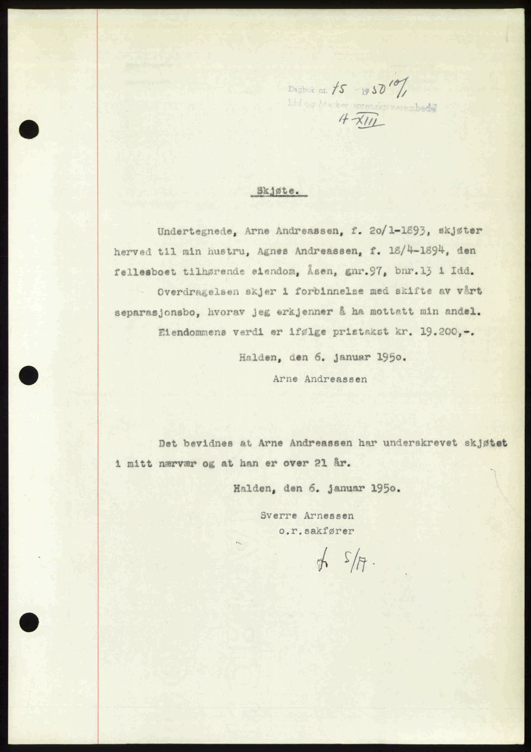 Idd og Marker sorenskriveri, SAO/A-10283/G/Gb/Gbb/L0013: Pantebok nr. A13, 1949-1950, Dagboknr: 45/1950