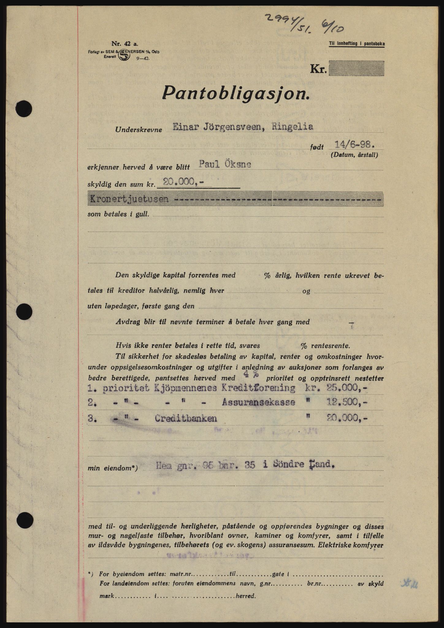 Hadeland og Land tingrett, SAH/TING-010/H/Hb/Hbc/L0022: Pantebok nr. B22, 1951-1951, Dagboknr: 2994/1951