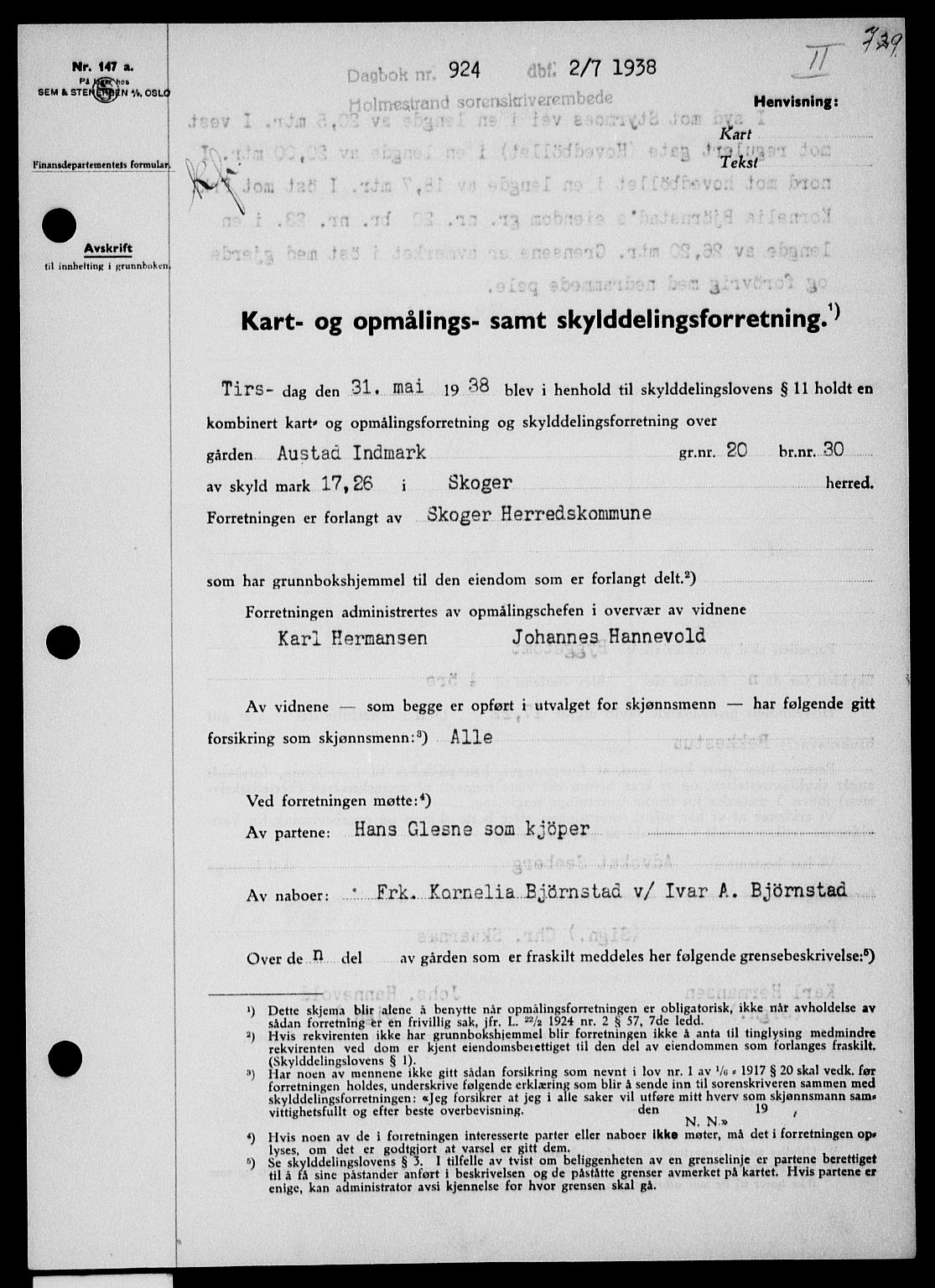 Holmestrand sorenskriveri, SAKO/A-67/G/Ga/Gaa/L0049: Pantebok nr. A-49, 1937-1938, Dagboknr: 924/1938