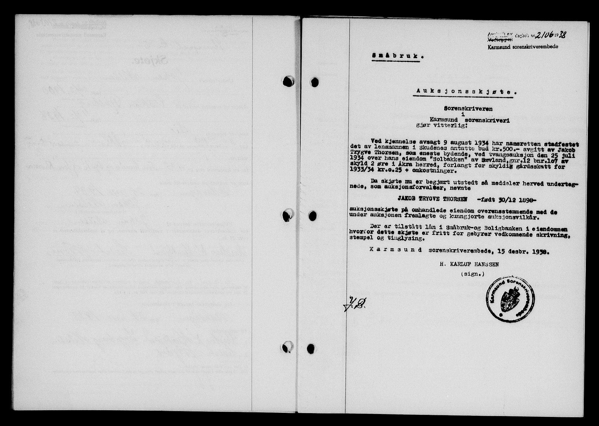 Karmsund sorenskriveri, SAST/A-100311/01/II/IIB/L0070: Pantebok nr. 51A, 1938-1939, Dagboknr: 2106/1938