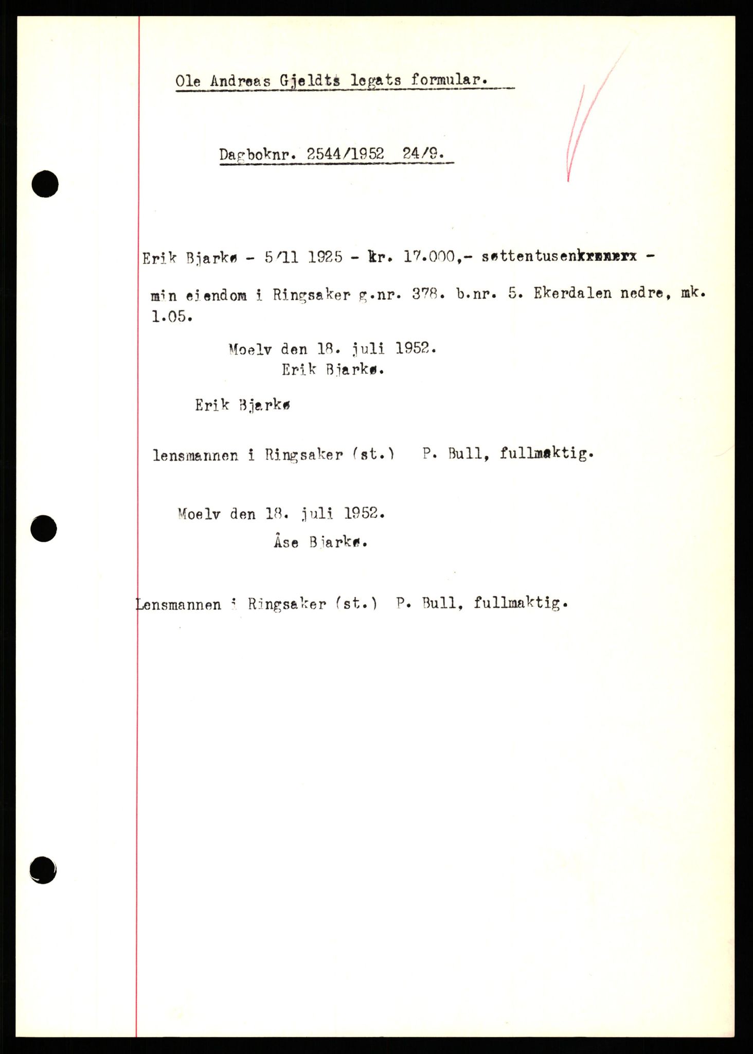 Nord-Hedmark sorenskriveri, SAH/TING-012/H/Hb/Hbf/L0025: Pantebok nr. B25, 1952-1952, Dagboknr: 2544/1952