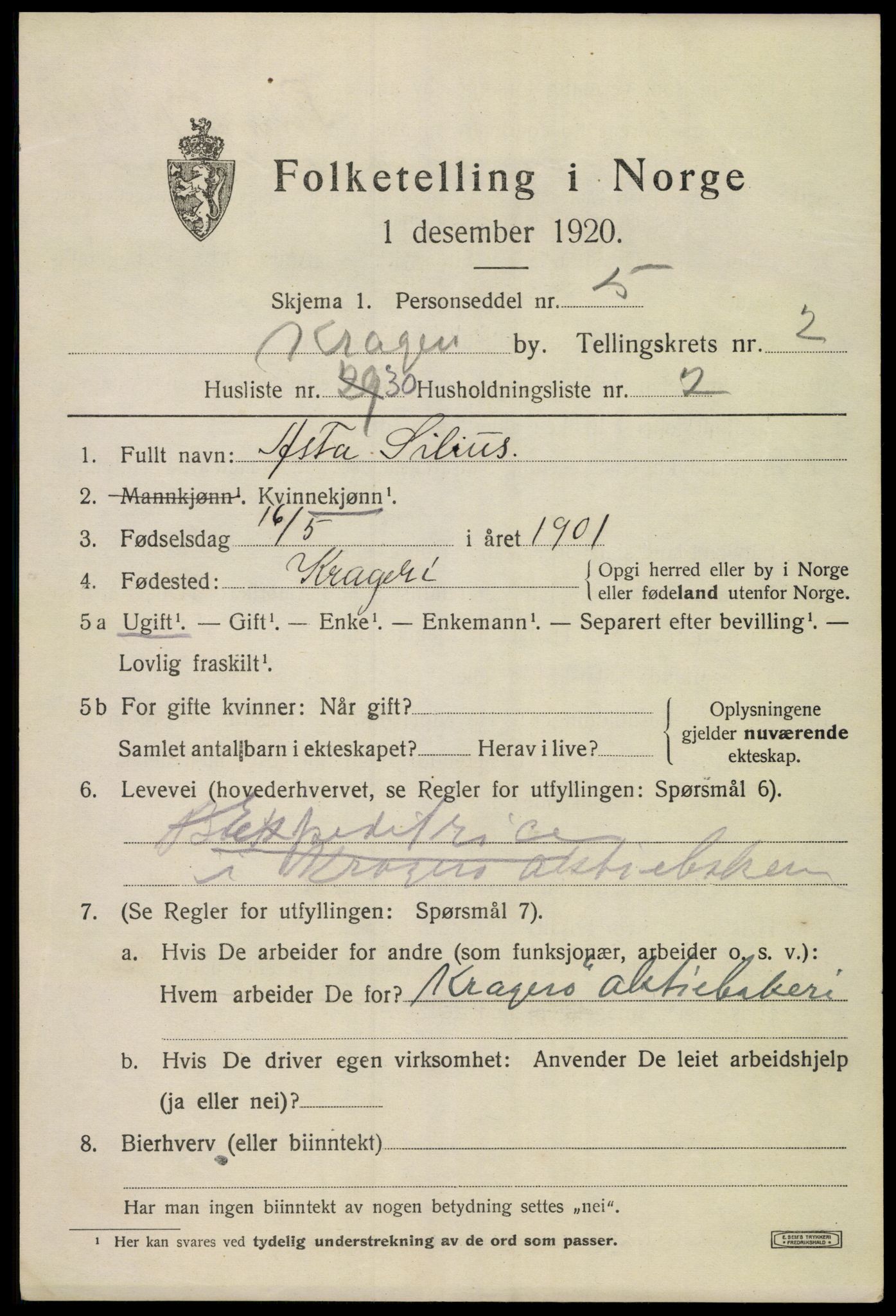 SAKO, Folketelling 1920 for 0801 Kragerø kjøpstad, 1920, s. 5723