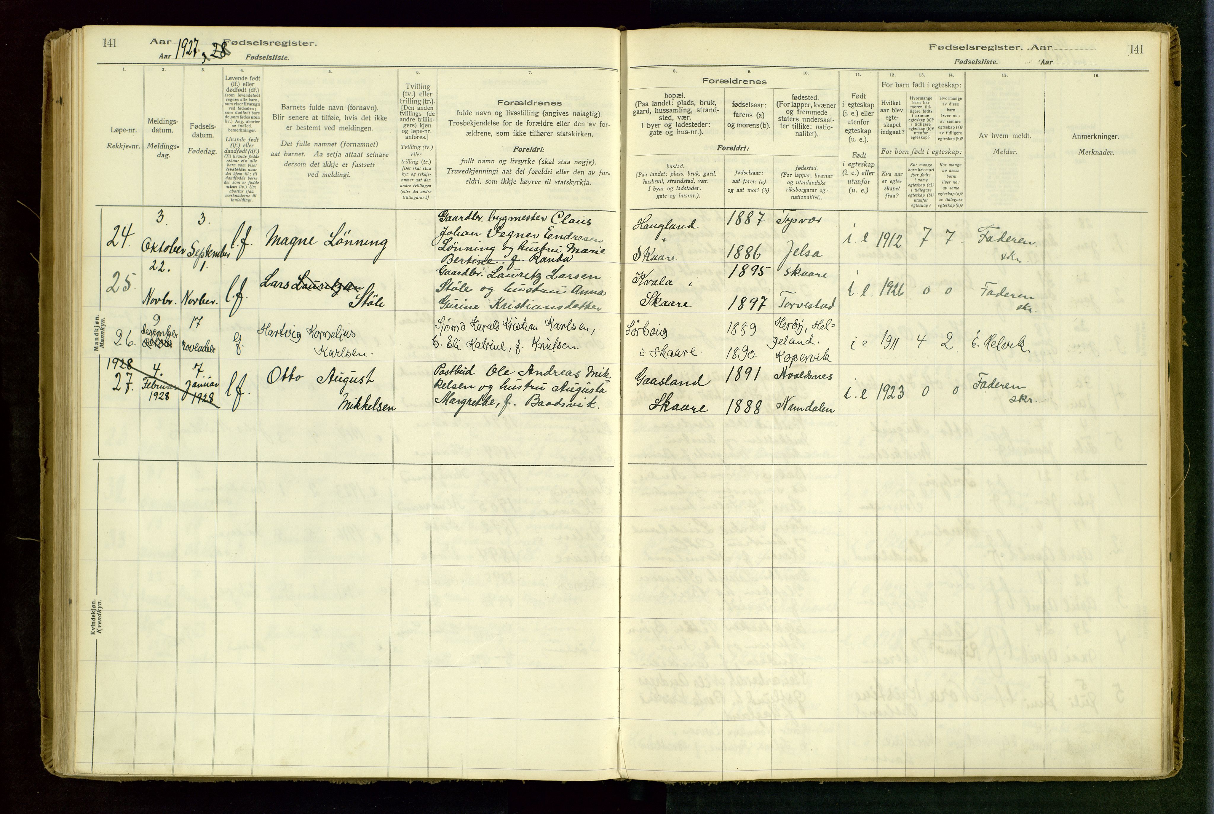 Haugesund sokneprestkontor, AV/SAST-A -101863/I/Id/L0001: Fødselsregister nr. 1, 1916-1935, s. 141