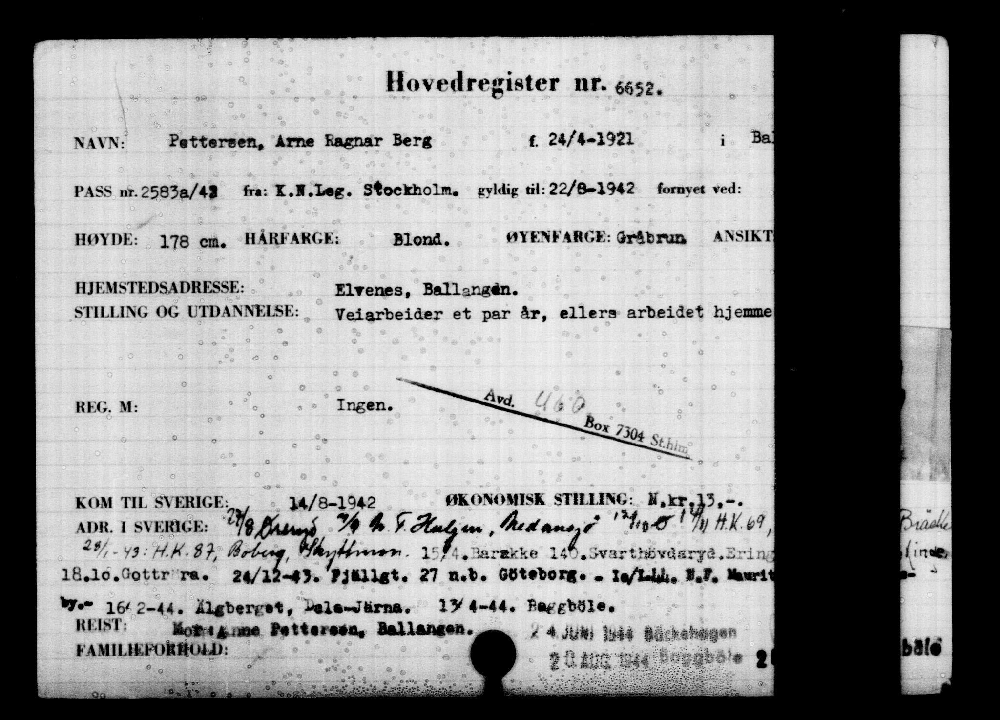 Utenriksstasjonene, Legasjonen i Stockholm, Flyktningkontoret, AV/RA-S-6753/V/Va/L0005: Kjesäterkartoteket, flyktninger med registreringsnr. 6600-9417, 1940-1945, s. 64