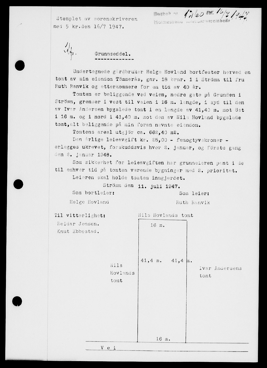 Holmestrand sorenskriveri, SAKO/A-67/G/Ga/Gaa/L0062: Pantebok nr. A-62, 1947-1947, Dagboknr: 1260/1947