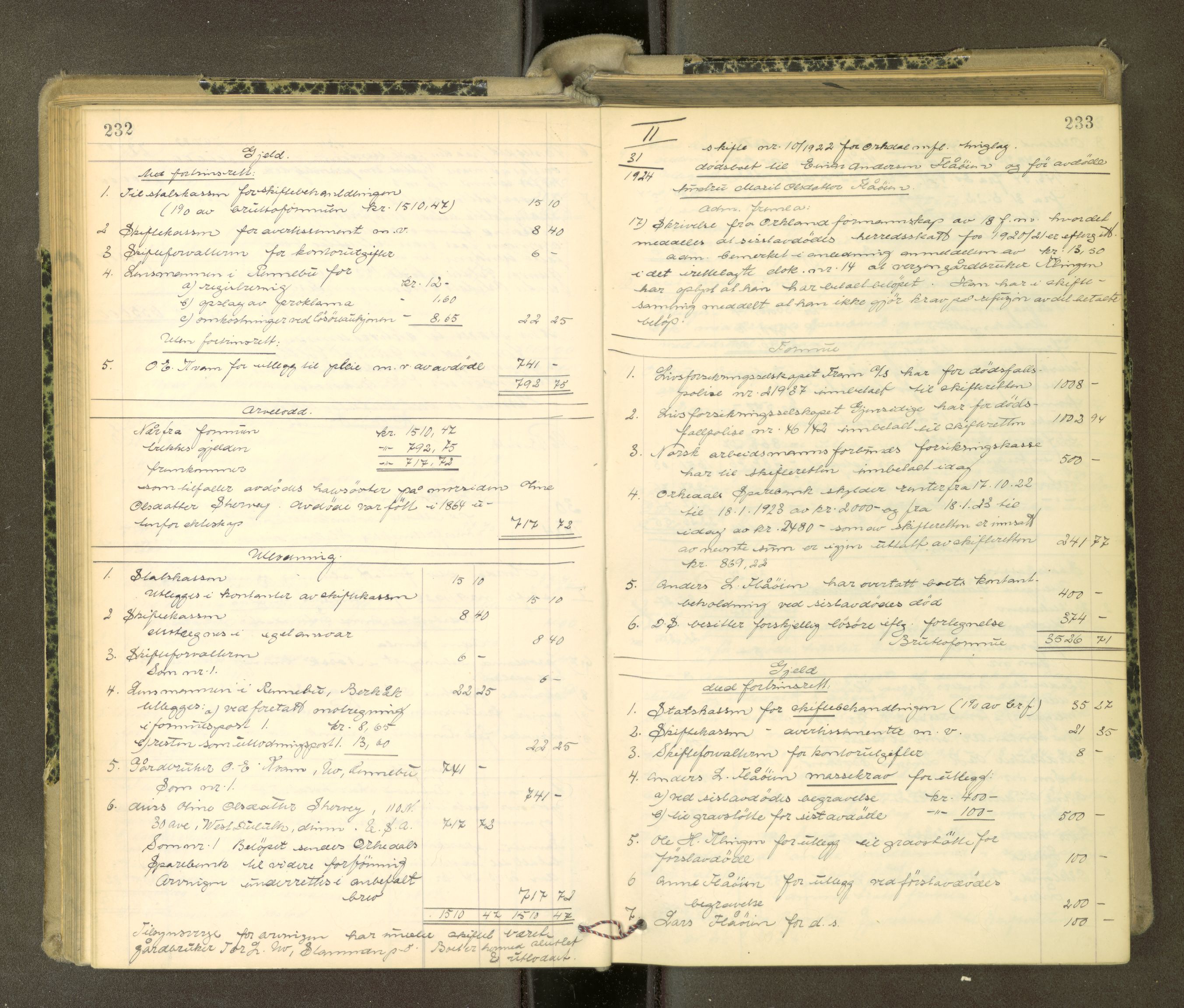 Orkdal sorenskriveri, AV/SAT-A-4169/1/3/3Aa/L0017: Skifteprotokoller, 1921-1929, s. 232-233