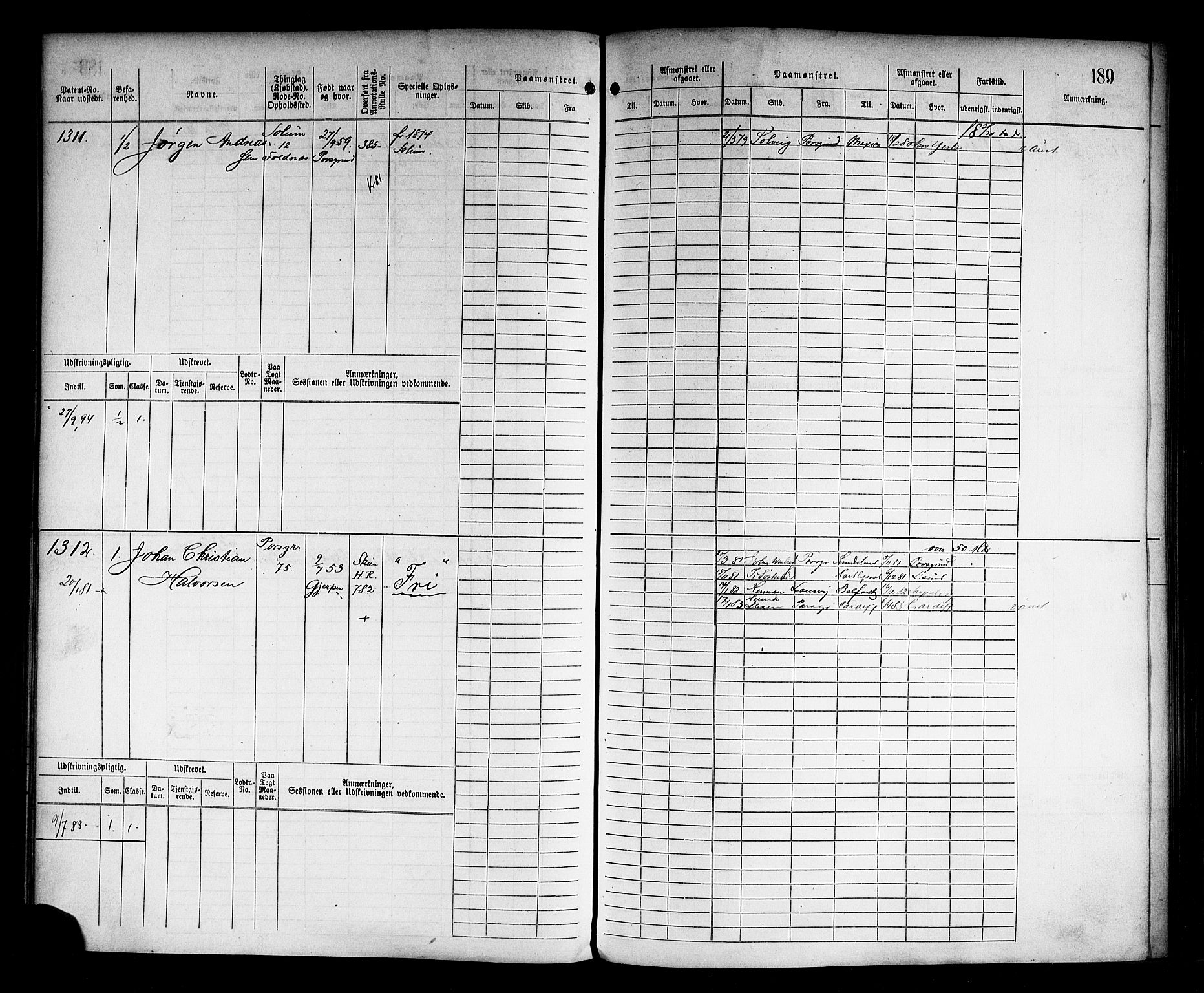 Porsgrunn innrulleringskontor, AV/SAKO-A-829/F/Fc/L0005: Hovedrulle, 1873-1894, s. 189