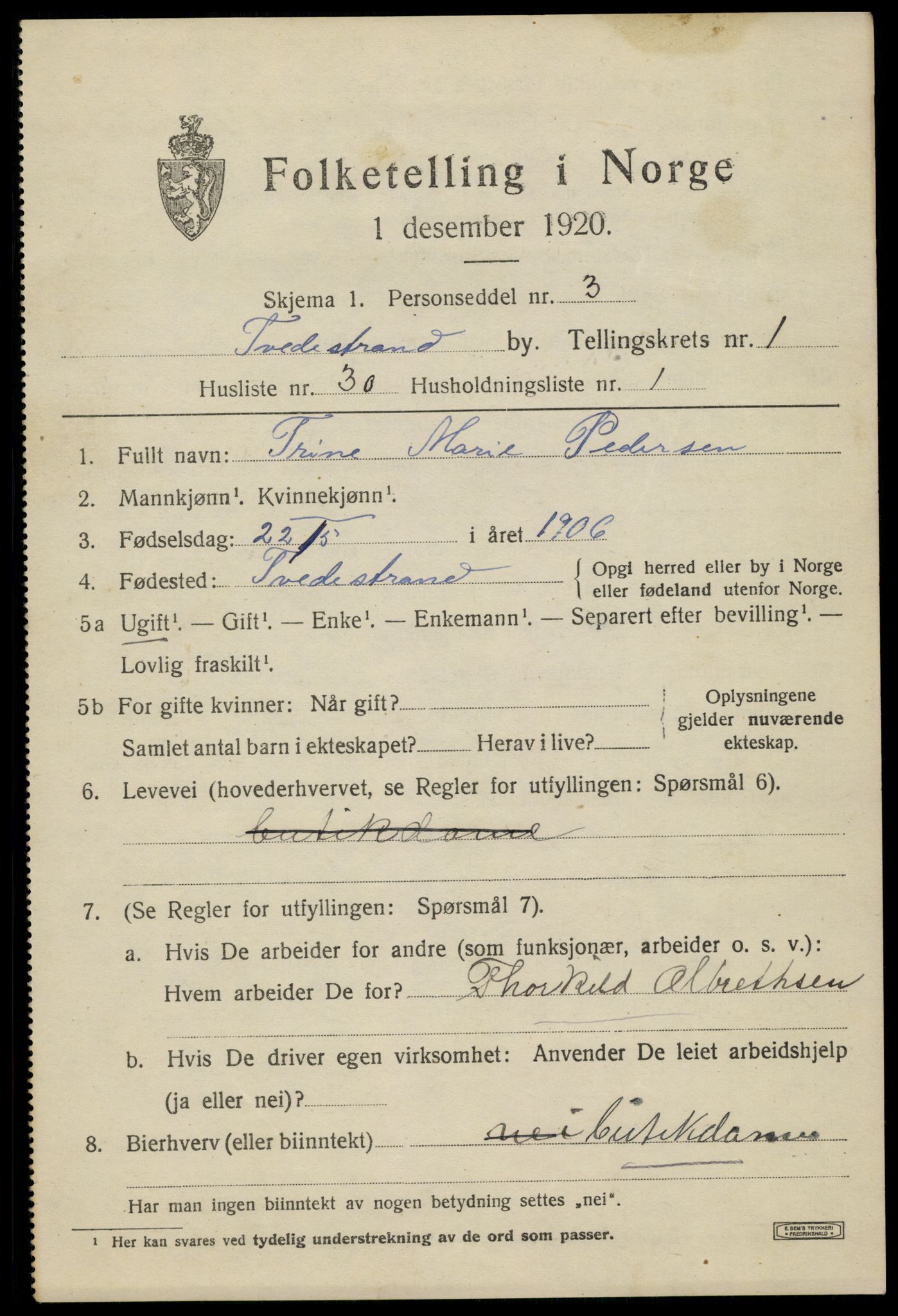 SAK, Folketelling 1920 for 0902 Tvedestrand ladested, 1920, s. 1595