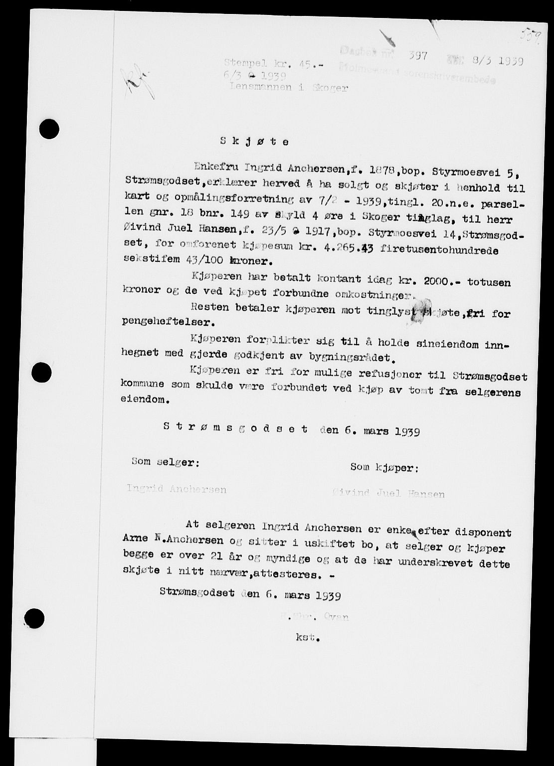 Holmestrand sorenskriveri, SAKO/A-67/G/Ga/Gaa/L0050: Pantebok nr. A-50, 1938-1939, Dagboknr: 397/1939