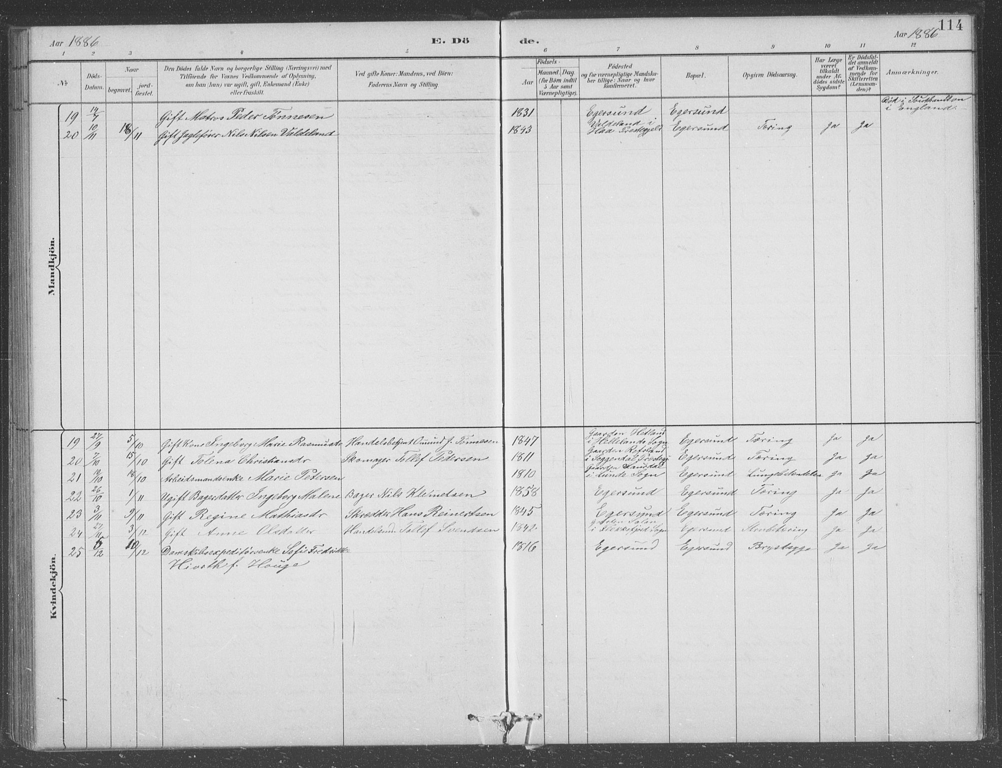 Eigersund sokneprestkontor, SAST/A-101807/S09/L0008: Klokkerbok nr. B 8, 1882-1892, s. 114