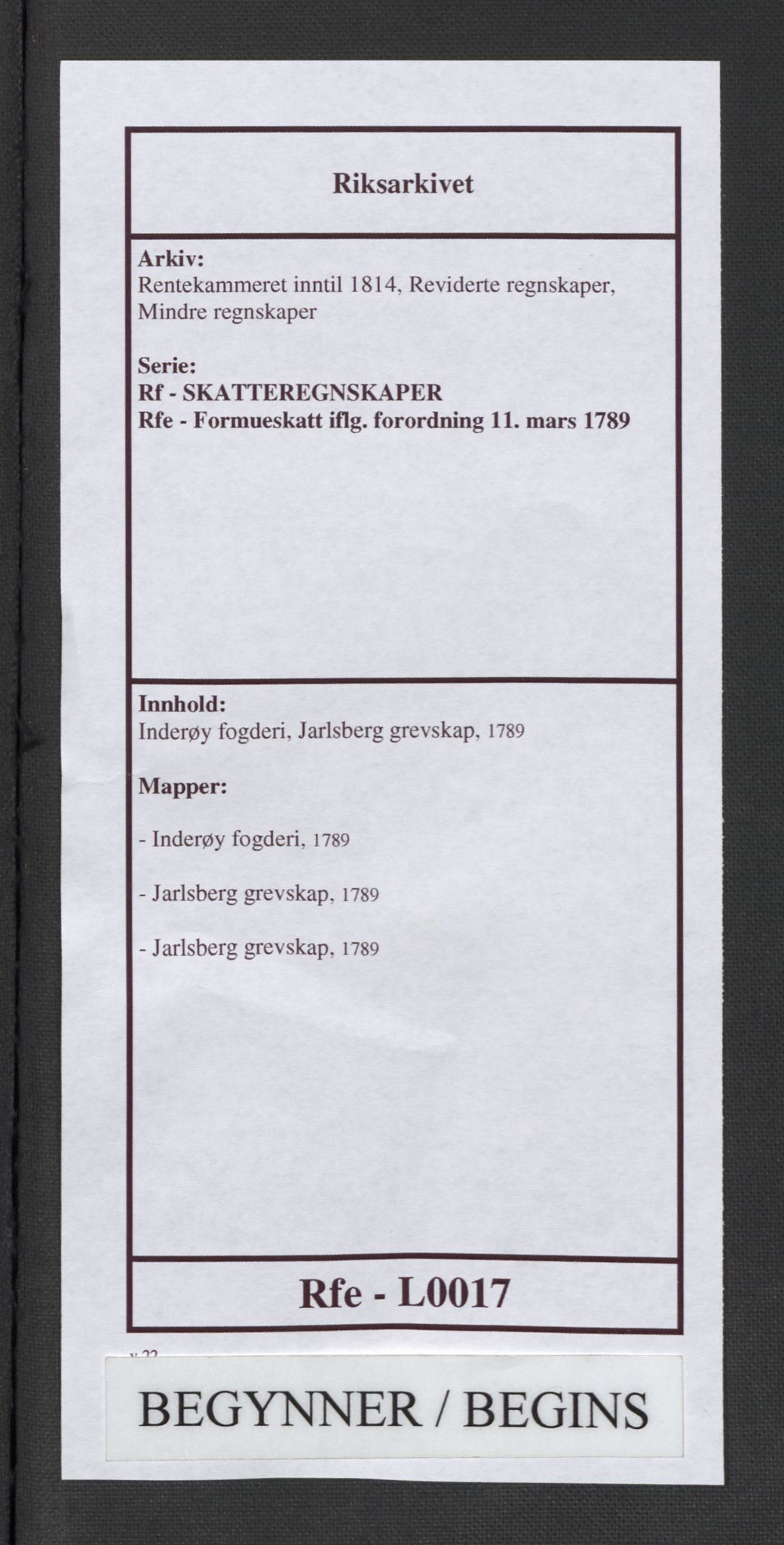 Rentekammeret inntil 1814, Reviderte regnskaper, Mindre regnskaper, RA/EA-4068/Rf/Rfe/L0017: Inderøy fogderi, Jarlsberg grevskap, 1789, s. 1
