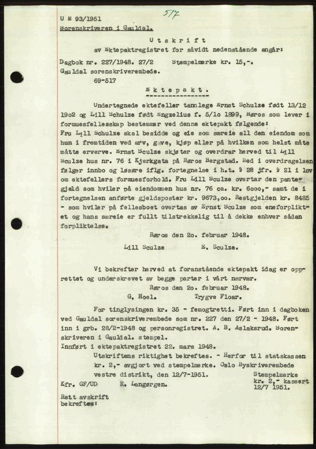 Gauldal sorenskriveri, SAT/A-0014/1/2/2C: Pantebok nr. A5, 1947-1948, Dagboknr: 227/1948