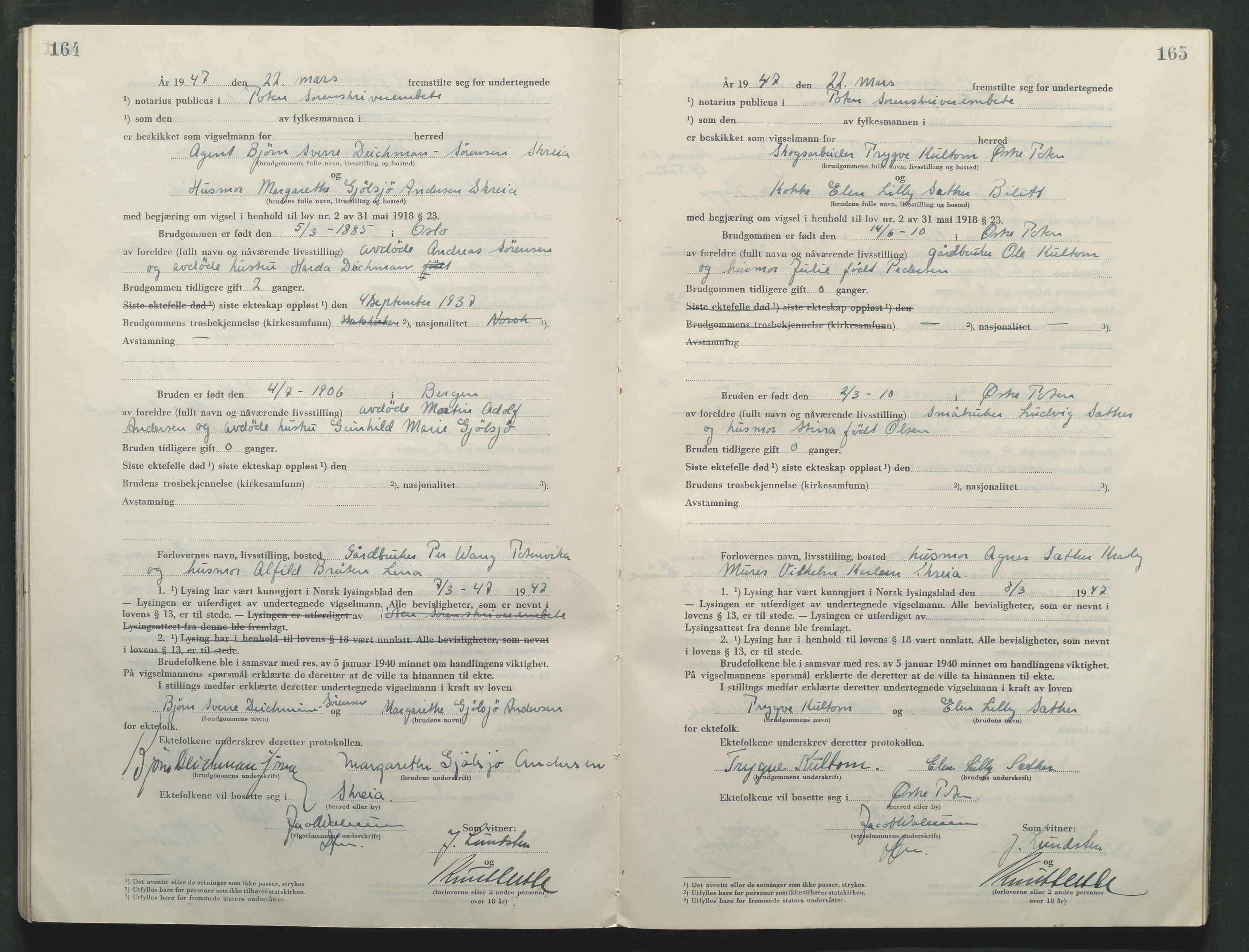 Toten tingrett, AV/SAH-TING-006/L/Lc/L0005: Vigselbok, 1944-1948, s. 164-165