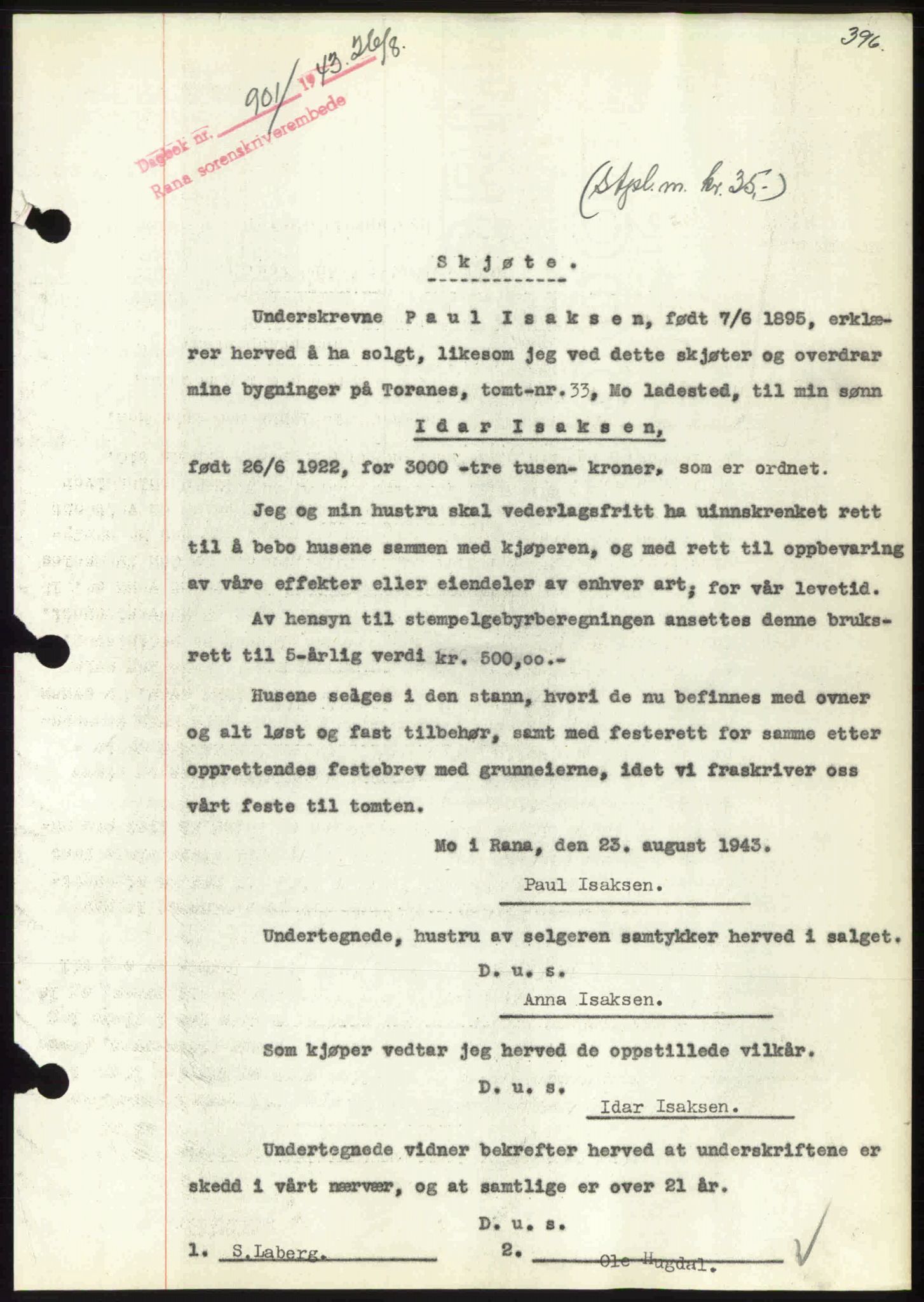 Rana sorenskriveri , SAT/A-1108/1/2/2C: Pantebok nr. A 10, 1942-1943, Dagboknr: 901/1943