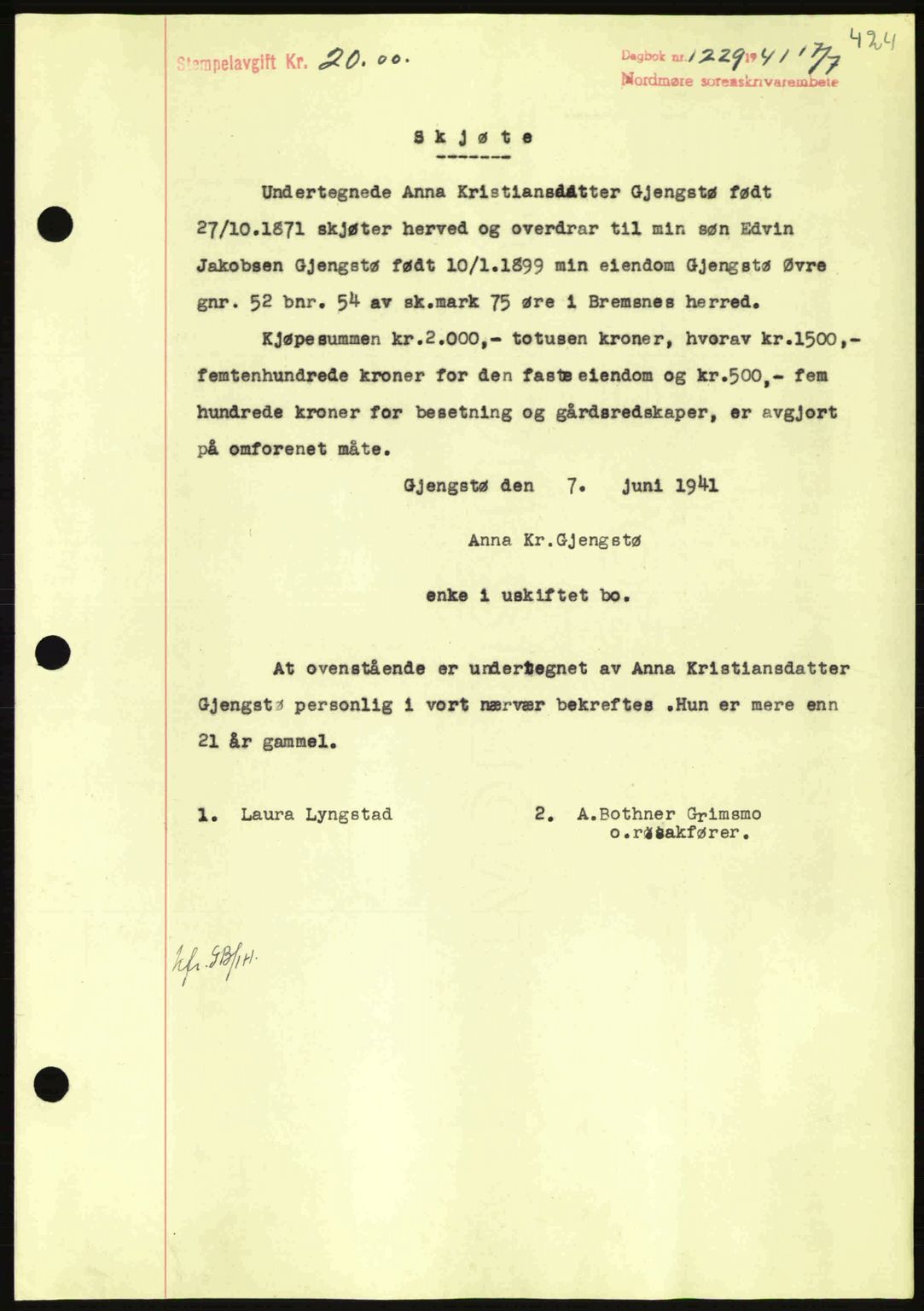 Nordmøre sorenskriveri, SAT/A-4132/1/2/2Ca: Pantebok nr. A90, 1941-1941, Dagboknr: 1229/1941
