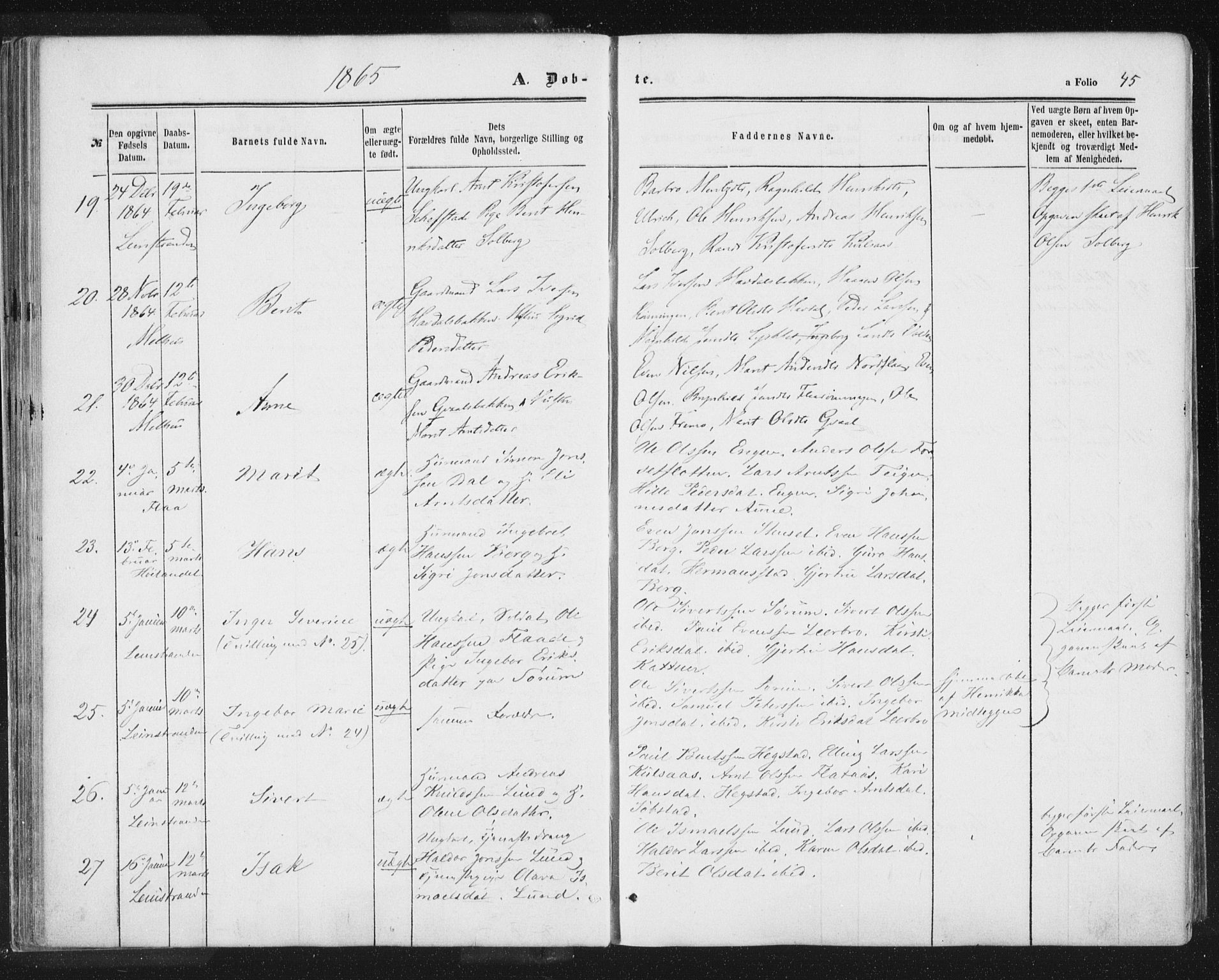 Ministerialprotokoller, klokkerbøker og fødselsregistre - Sør-Trøndelag, SAT/A-1456/691/L1077: Ministerialbok nr. 691A09, 1862-1873, s. 45