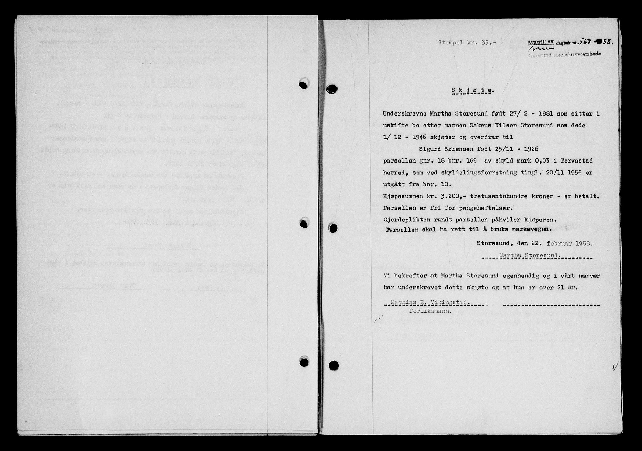 Karmsund sorenskriveri, SAST/A-100311/01/II/IIB/L0128: Pantebok nr. 108A, 1958-1958, Dagboknr: 567/1958