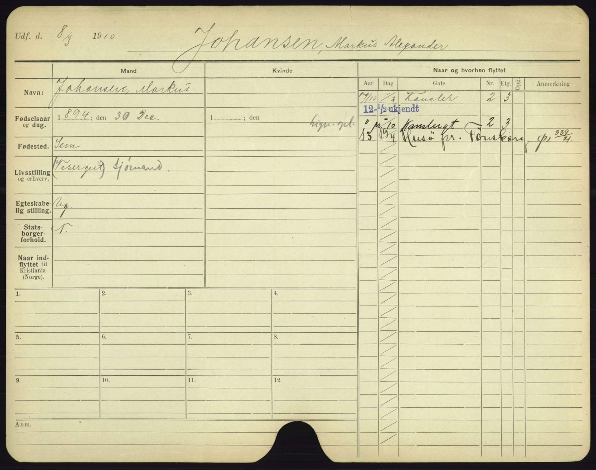 Oslo folkeregister, Registerkort, AV/SAO-A-11715/F/Fa/Fac/L0005: Menn, 1906-1914, s. 727a