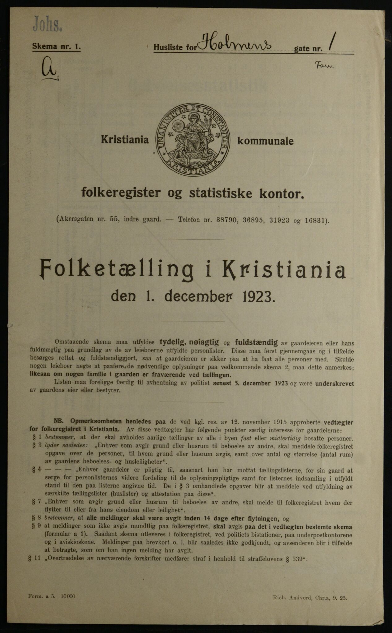 OBA, Kommunal folketelling 1.12.1923 for Kristiania, 1923, s. 45647