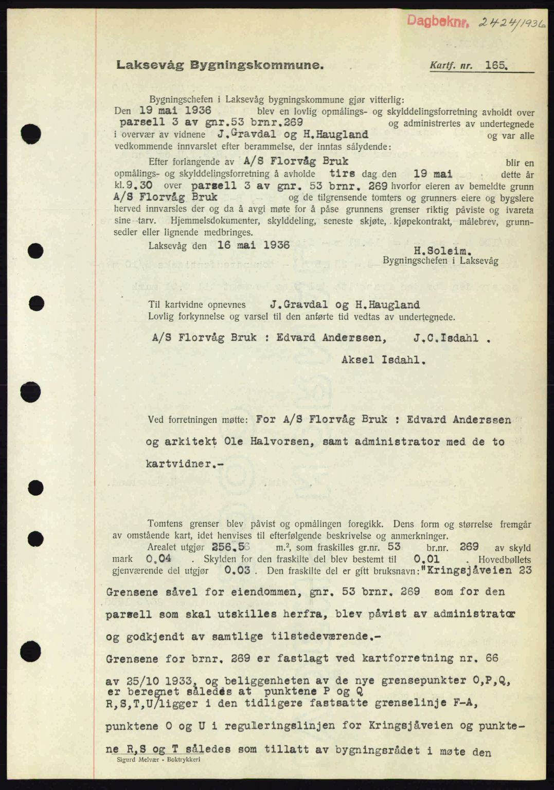 Midhordland sorenskriveri, SAB/A-3001/1/G/Gb/Gbk/L0001: Pantebok nr. A1-6, 1936-1937, Dagboknr: 2424/1936