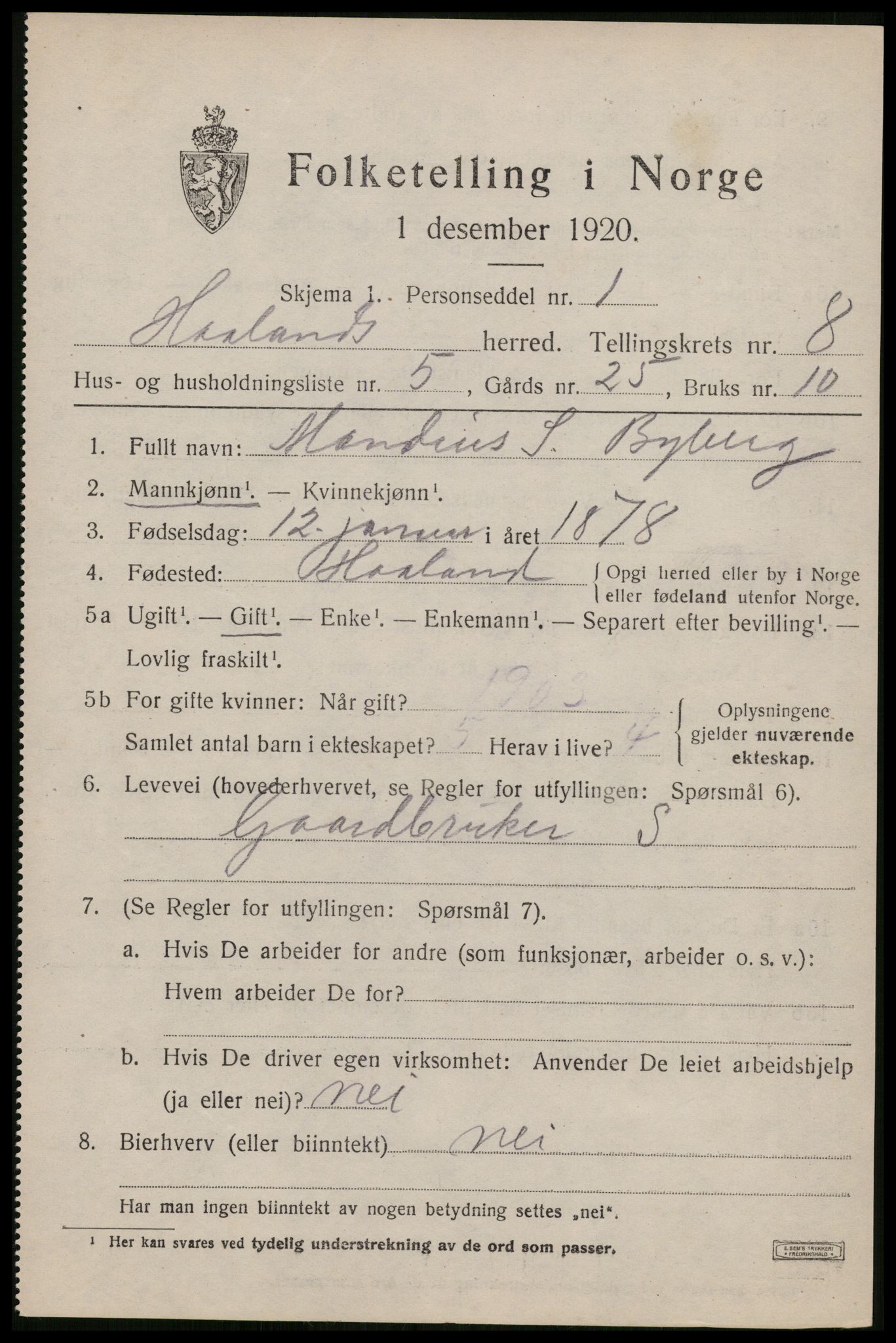 SAST, Folketelling 1920 for 1124 Håland herred, 1920, s. 6397