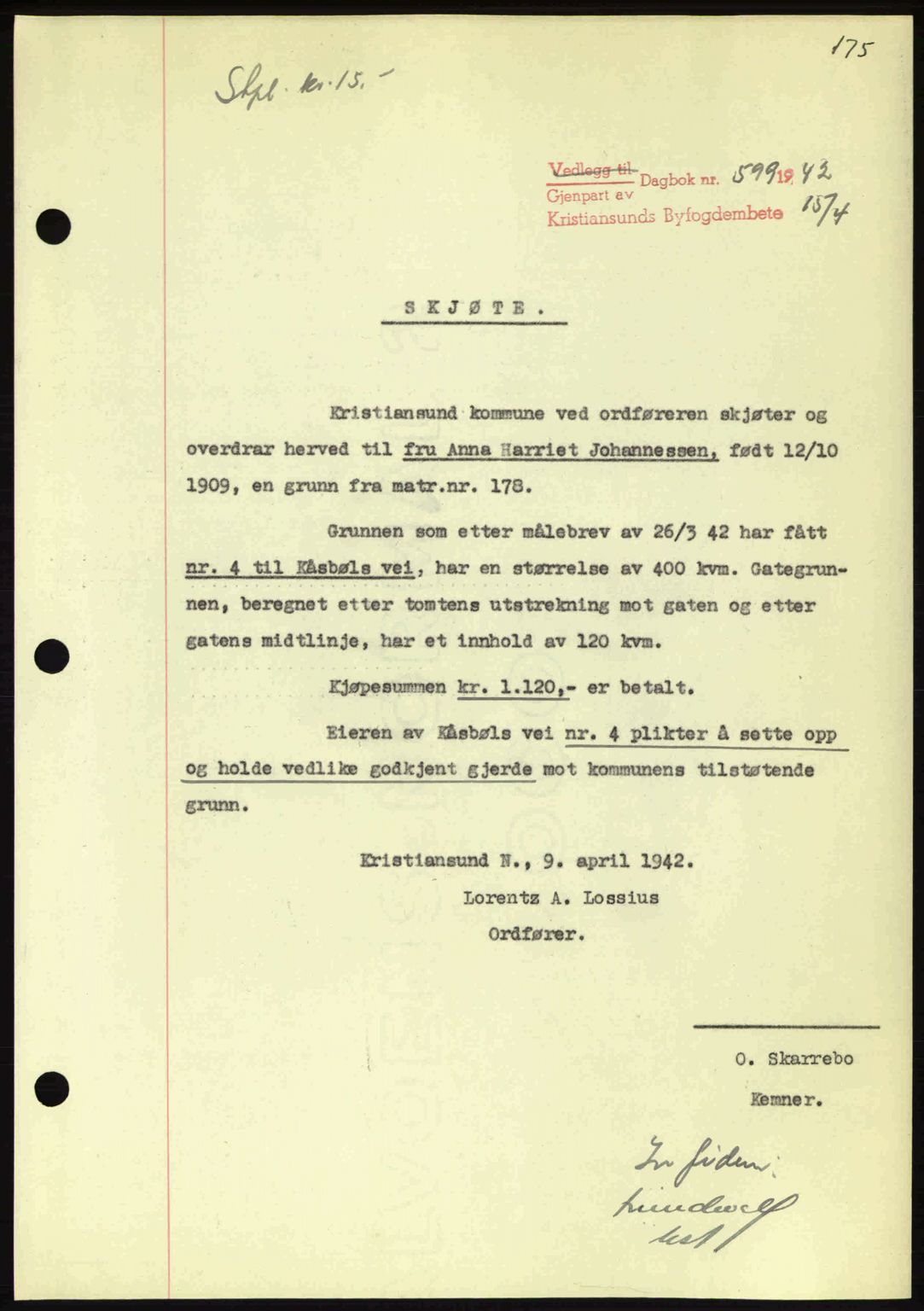 Kristiansund byfogd, AV/SAT-A-4587/A/27: Pantebok nr. 34, 1941-1945, Dagboknr: 599/1942