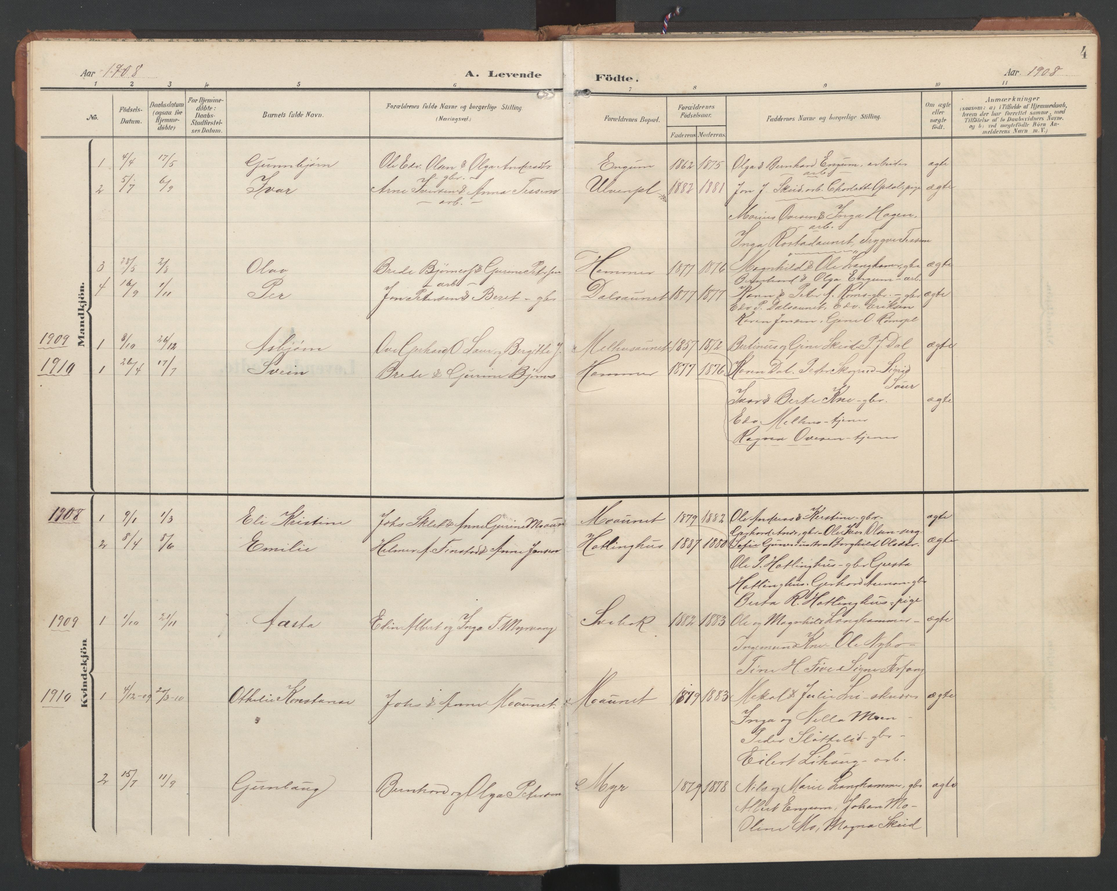 Ministerialprotokoller, klokkerbøker og fødselsregistre - Nord-Trøndelag, AV/SAT-A-1458/748/L0465: Klokkerbok nr. 748C01, 1908-1960, s. 4