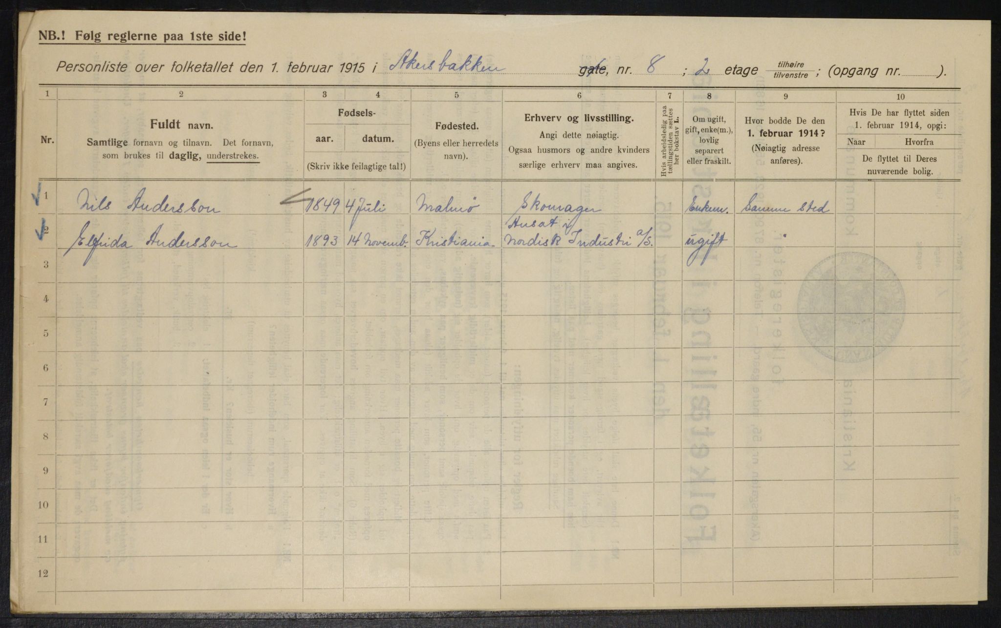 OBA, Kommunal folketelling 1.2.1915 for Kristiania, 1915, s. 33