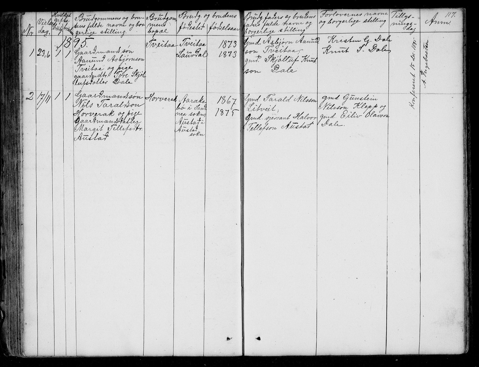 Bygland sokneprestkontor, SAK/1111-0006/F/Fb/Fbd/L0001: Klokkerbok nr. B 1, 1848-1895, s. 117