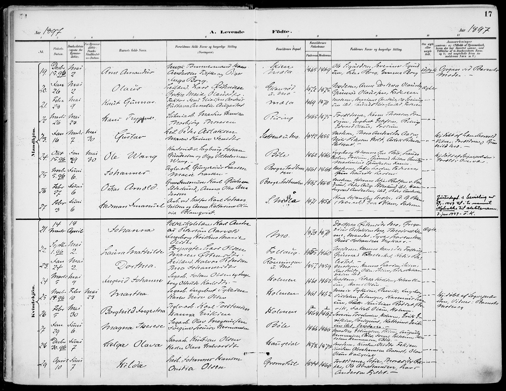 Gjerpen kirkebøker, AV/SAKO-A-265/F/Fa/L0011: Ministerialbok nr. I 11, 1896-1904, s. 17